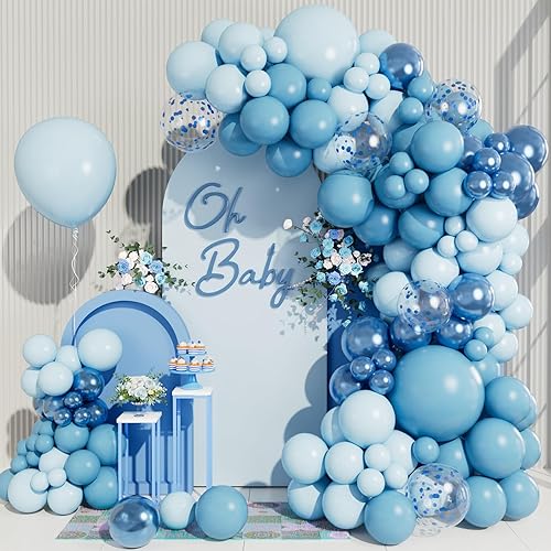 Kit de guirnalda de arco de globos azul bebé, globos metálicos de confeti azul claro pastel pastel de diferentes tamaños para baby shower,