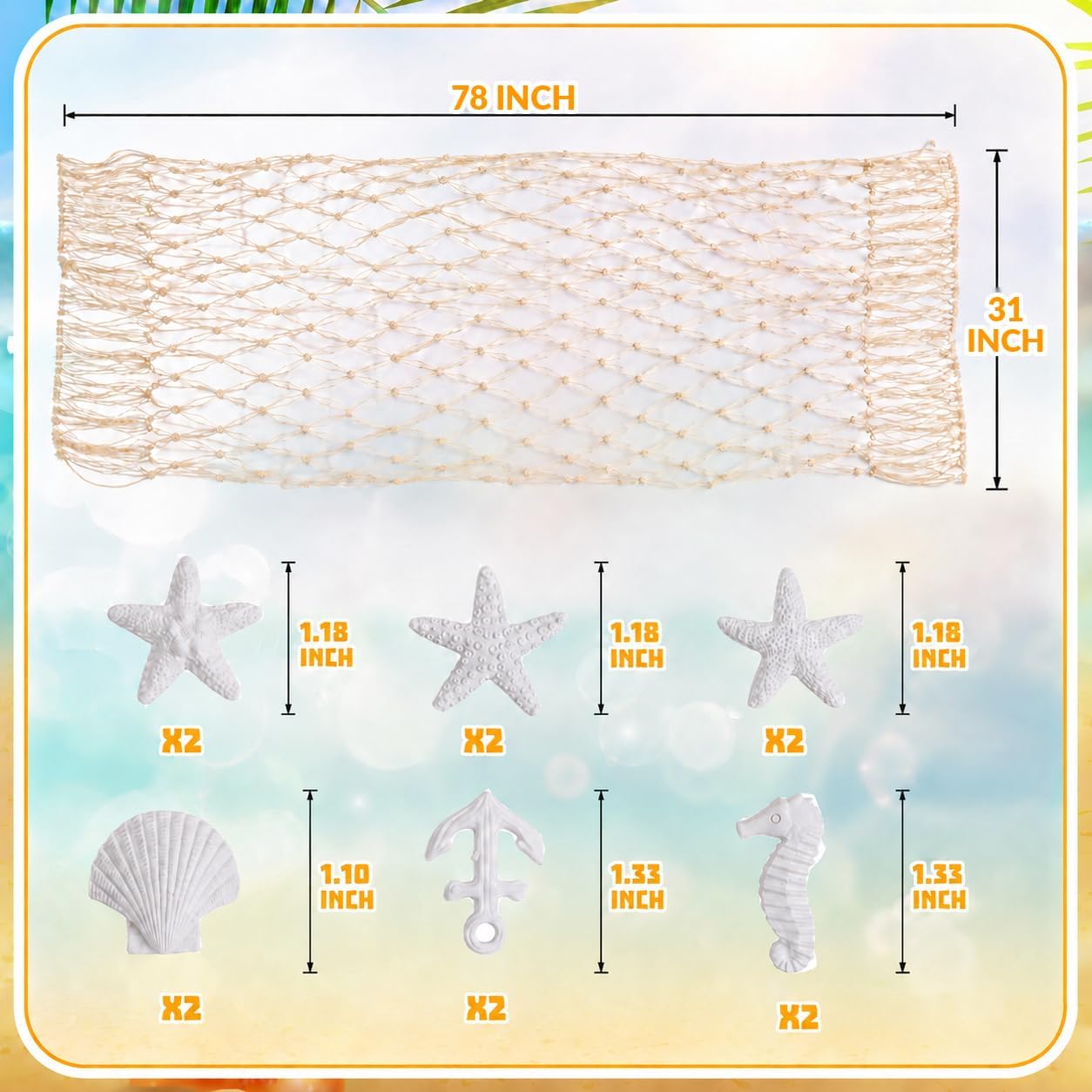 3 PCS Fish Net Party Decorations with Shell and Starfish Decor, Nautical Fishing Net Table Runner for Ocean Theme Party, Beach Wedding, Mermaid Birthday, Coastal Home Decor