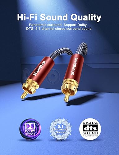 Miniatura 6 de SOUNDFAM Cable de subwoofer RCA LFE (3 pies) de doble blindaje con conectores de cabezal de corona RCA a RCA chapados en oro de 24 quilates, serie
