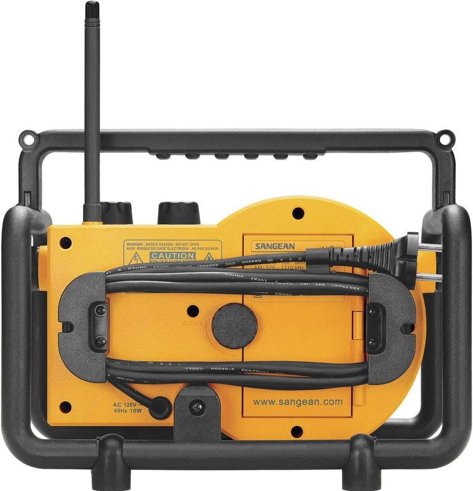 Retounen view of the Sangean LB-100 radio, showing the power cord storage and input.