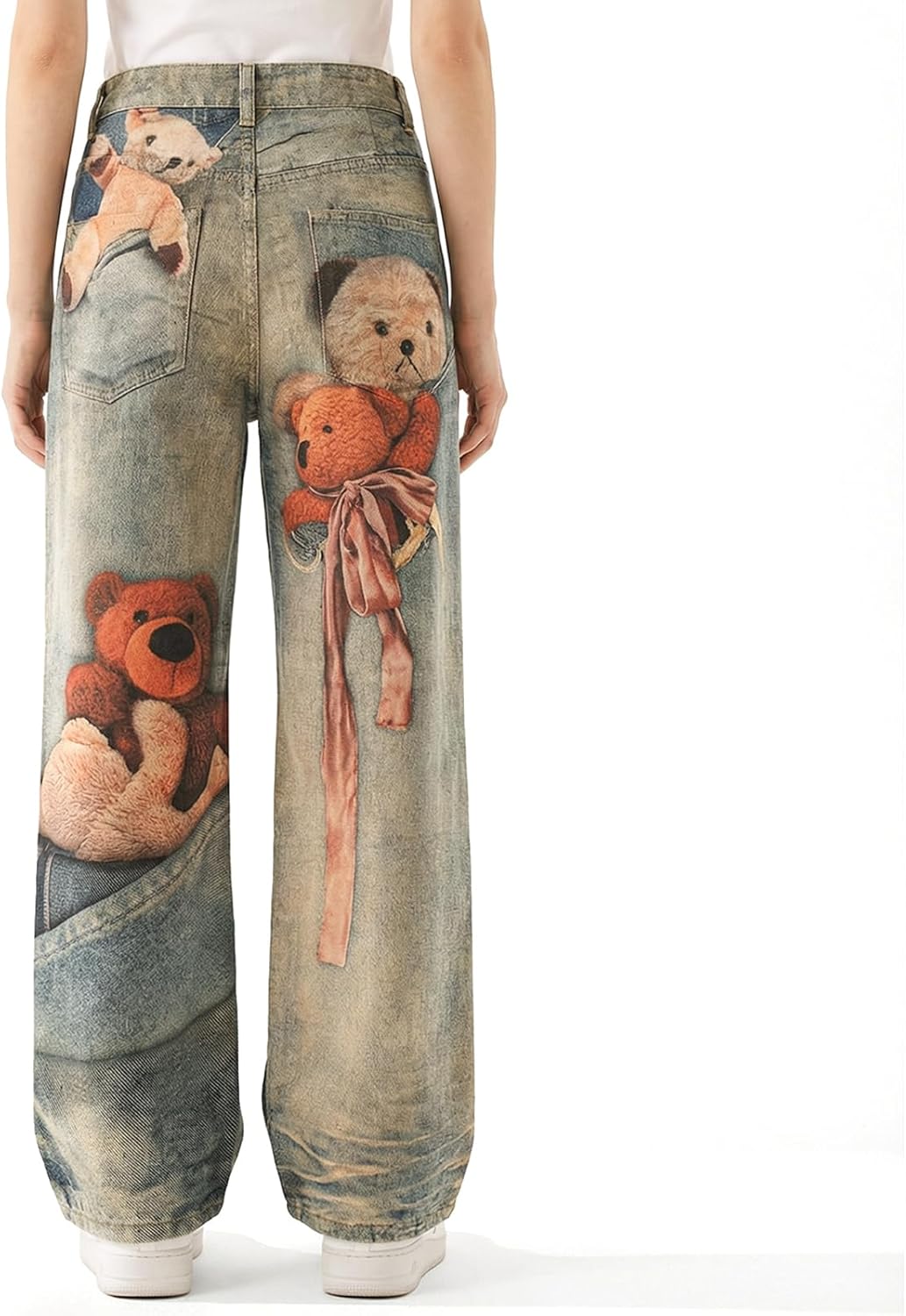 Womens Wide Leg Jeans High Waist Vintage Wash Novelty Graphic Print Denim Pants