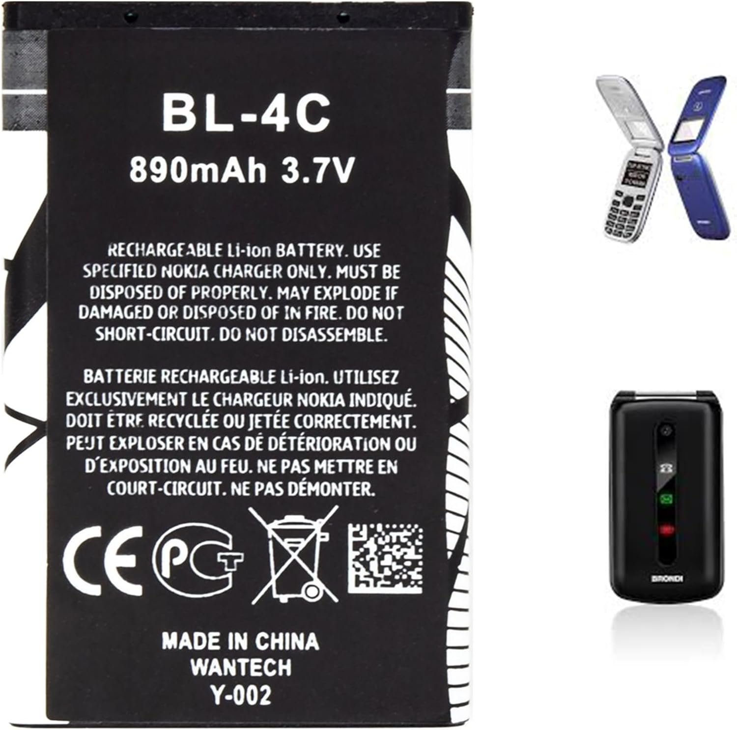 Generico BL-4C battery next to two compatible flip phones