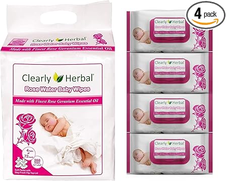 Clearly Herbal Rose Water Gentle Baby Wipes (72 Count X 4 Packs = 288 Wipes)