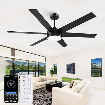 60 Inch Large Ceiling Fan with Lights, Black Ceiling fans with Remote Control/APP for Indoor Living Room Garage Commercial, 3CCT Dimmable LED Modern Fan, 6 Speeds, Quiet Reversible DC Motor