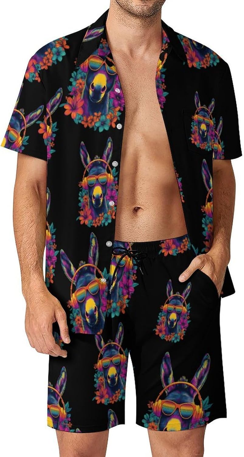 Donkey Rainbow Sunglasses Flower Men's Summer Beach 2 Piece Outfits | hawaiian button down shirt and shorts,vacation cruise,mens bathing suit