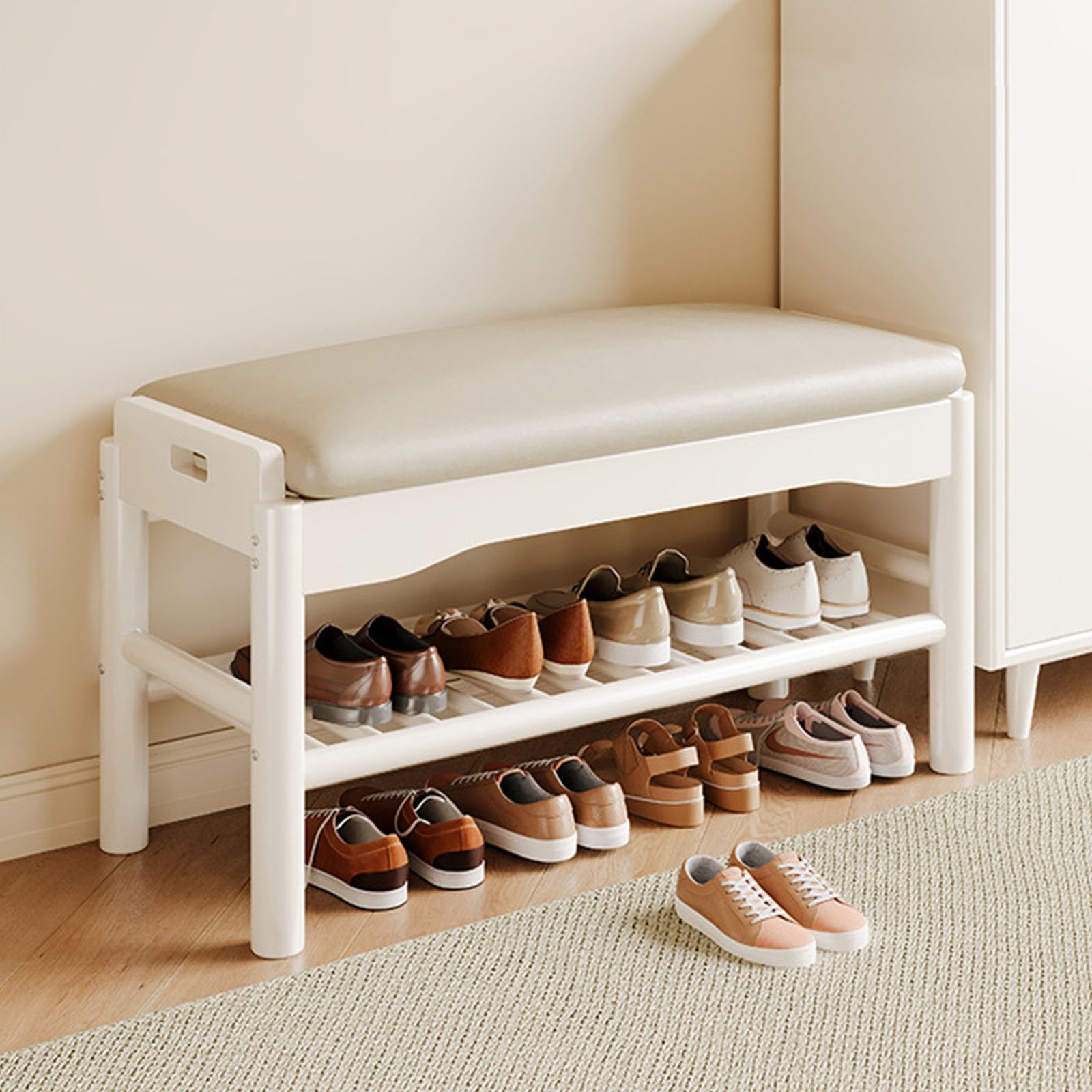 MSHGSKU Solid Wood Entryway Bench with Shoe Rack 2Tier Storage Soft Cushion SpaceSaving Design Beige 60cm/23.6in Ideal for Hallway and Living Room