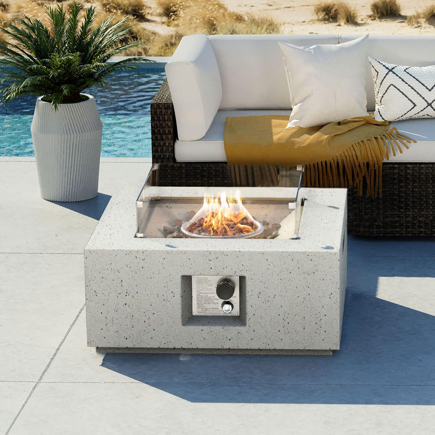 COSIEST Outdoor Propane Fire Pit Coffee Table, 28-inch Terrazzo Square Base Patio Heater w Certified, 40,000 BTU Stainless Steel Burner, Wind Guard, Free Lava Rocks and Rain Cover