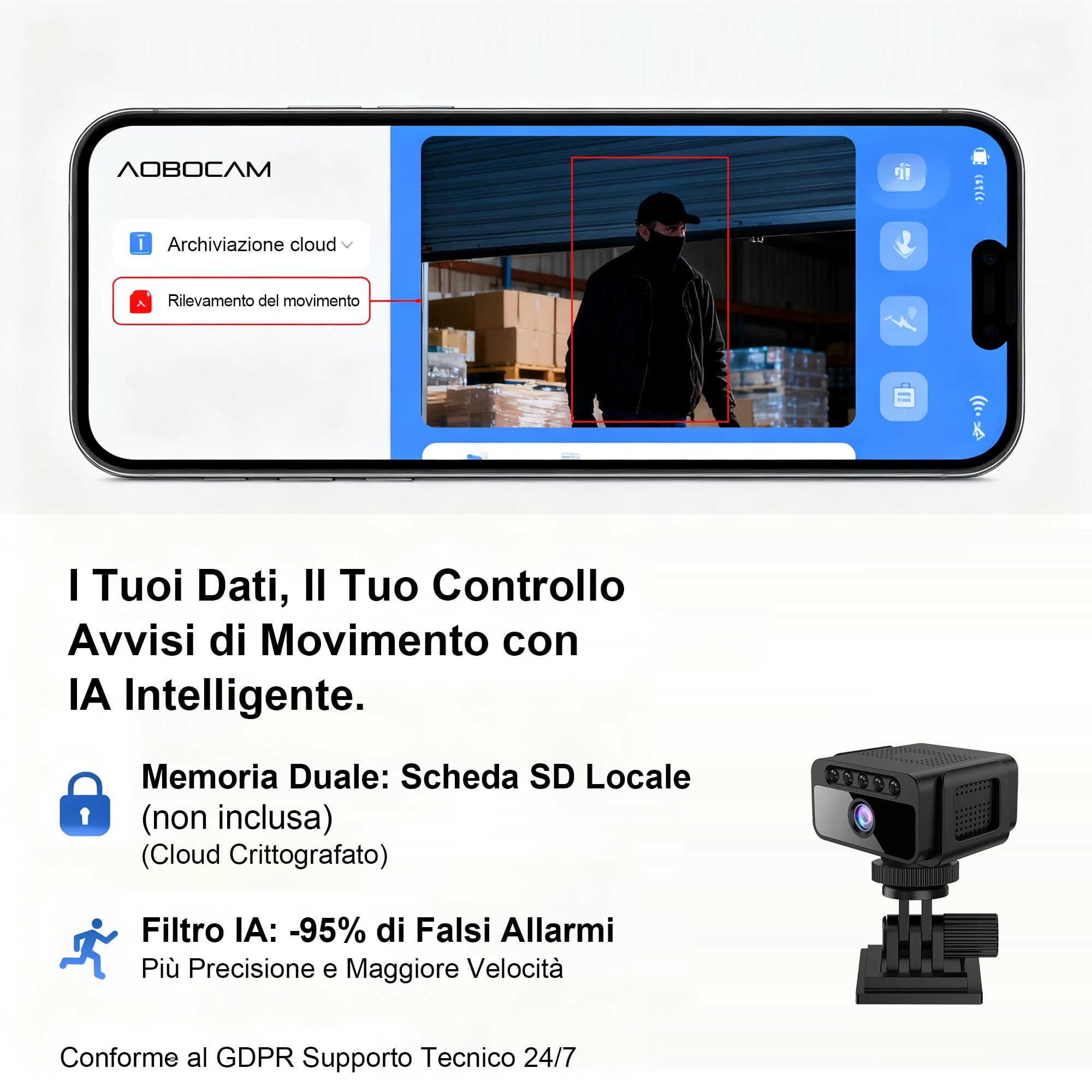 AOBOCAM Mini Telecamera WiFi Interna 4K UHD Videocamera Sorveglianza con Visione Notturna, 5 Ore Autonomia, Notifiche Movimento Istantanee, Doppia Memoria SD/Cloud, Controllo Remoto Con App (S)