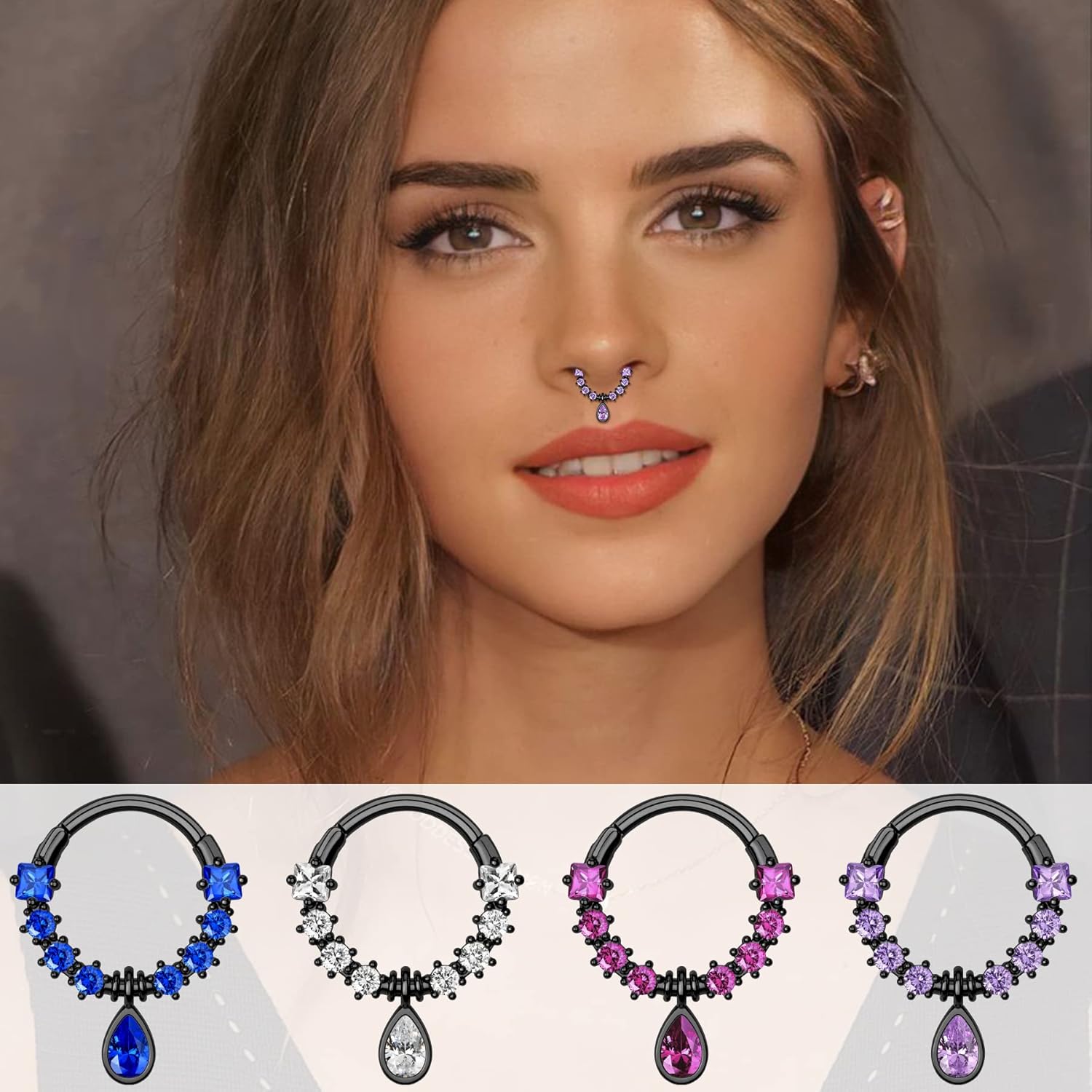 Melighting Black Septum Rings 16G Teardrop Septum Jewelry Clear CZ Surgical Steel 316L Dangle Daith Earrings Helix Earring Conch Tragus Piercing for Women Men - Image 2