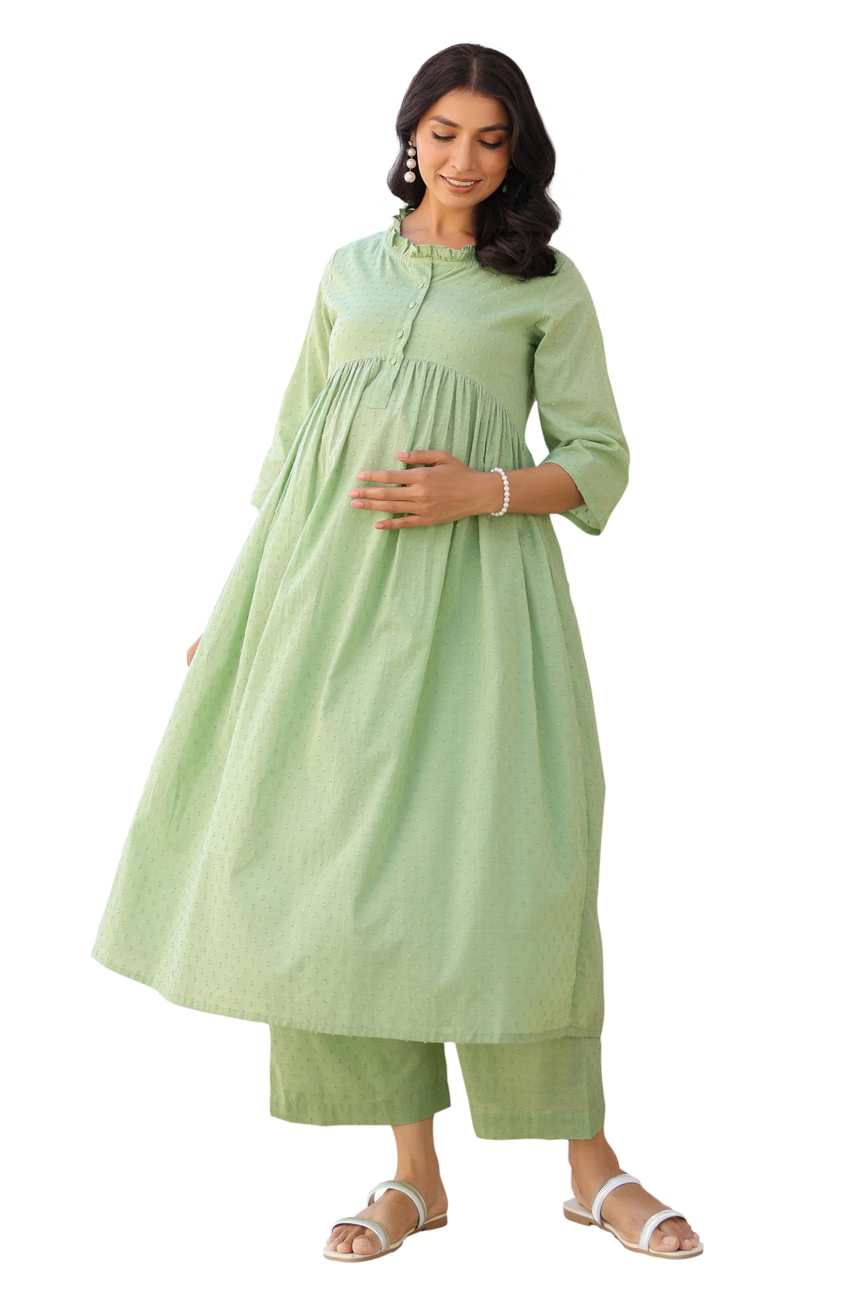 janasya Women's Green Dobby Pure Cotton Self Design A-line Maternity Kurta Pant Set-picture-44