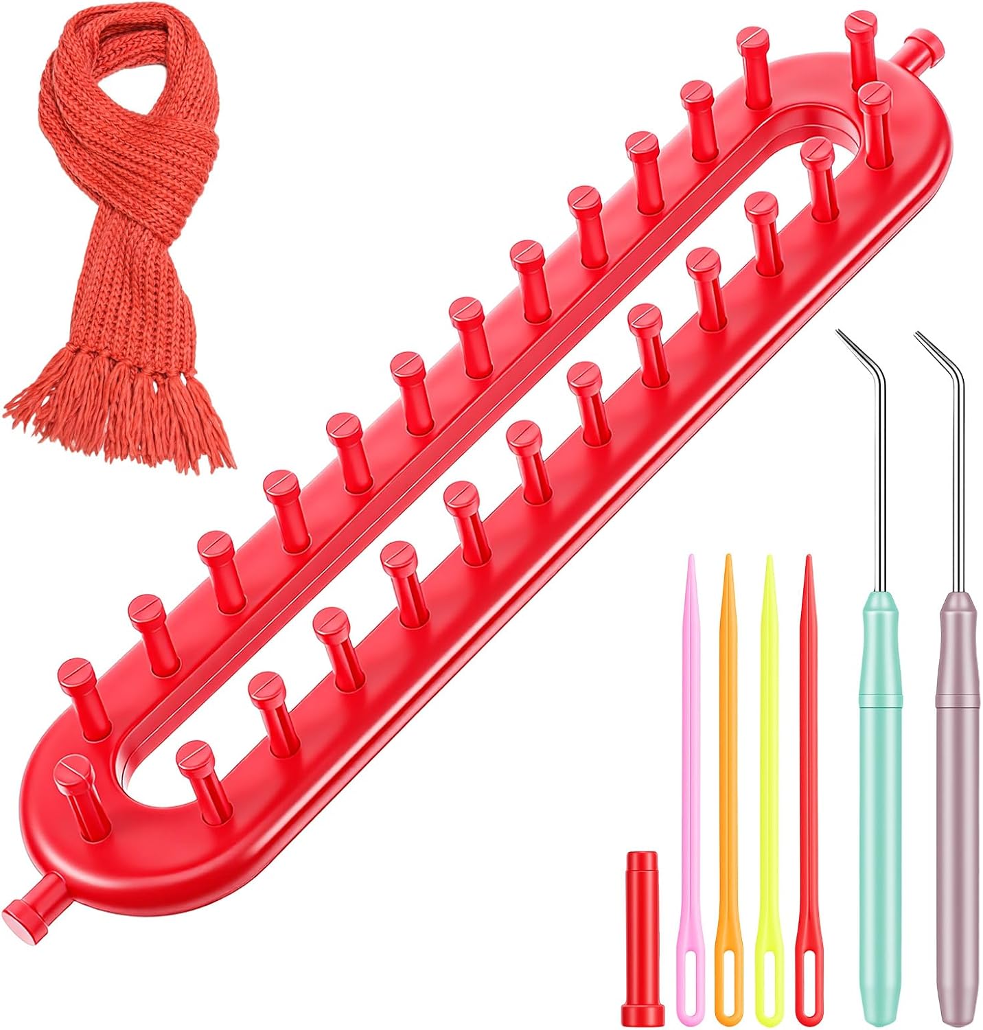 Rectangle Knitting Looms Knitting Loom Set, Long Knittings Looms 26 cm Red Scarf Loom with Crochet Hook and Needle Weaving Tool Set for Scarf Sweater Shawl (Red)