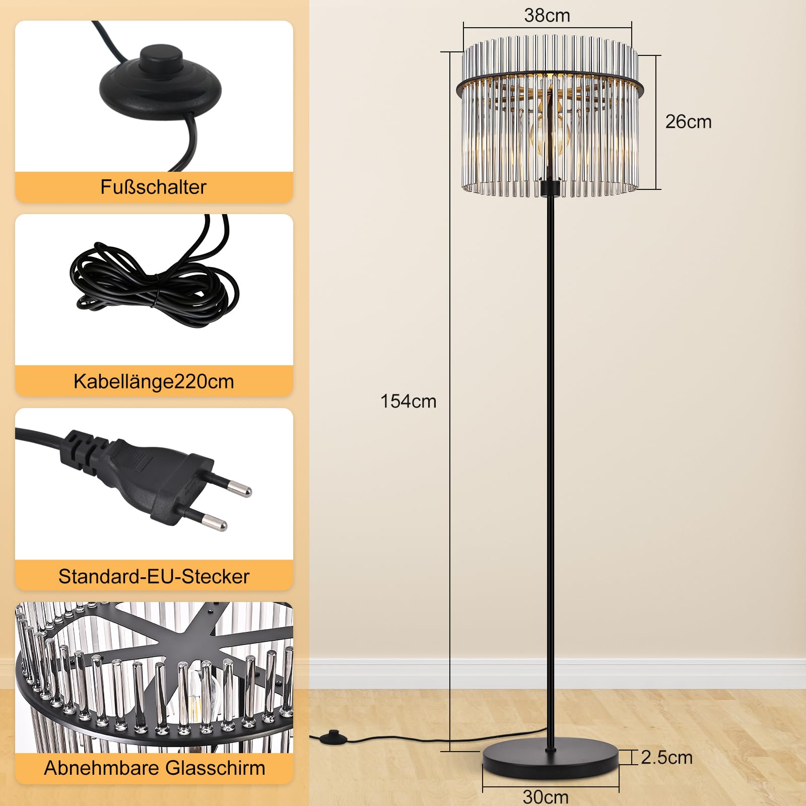 Stehlampe Schwarz Stehleuchte Glas Standleuchte Wohnzimmer E27 | mit Fußtaster Leselampe Modern Wohnzimmerlampe Stehend für Schlafzimmer Kinderzimmer Büros(Ohne Leuchtmittel)