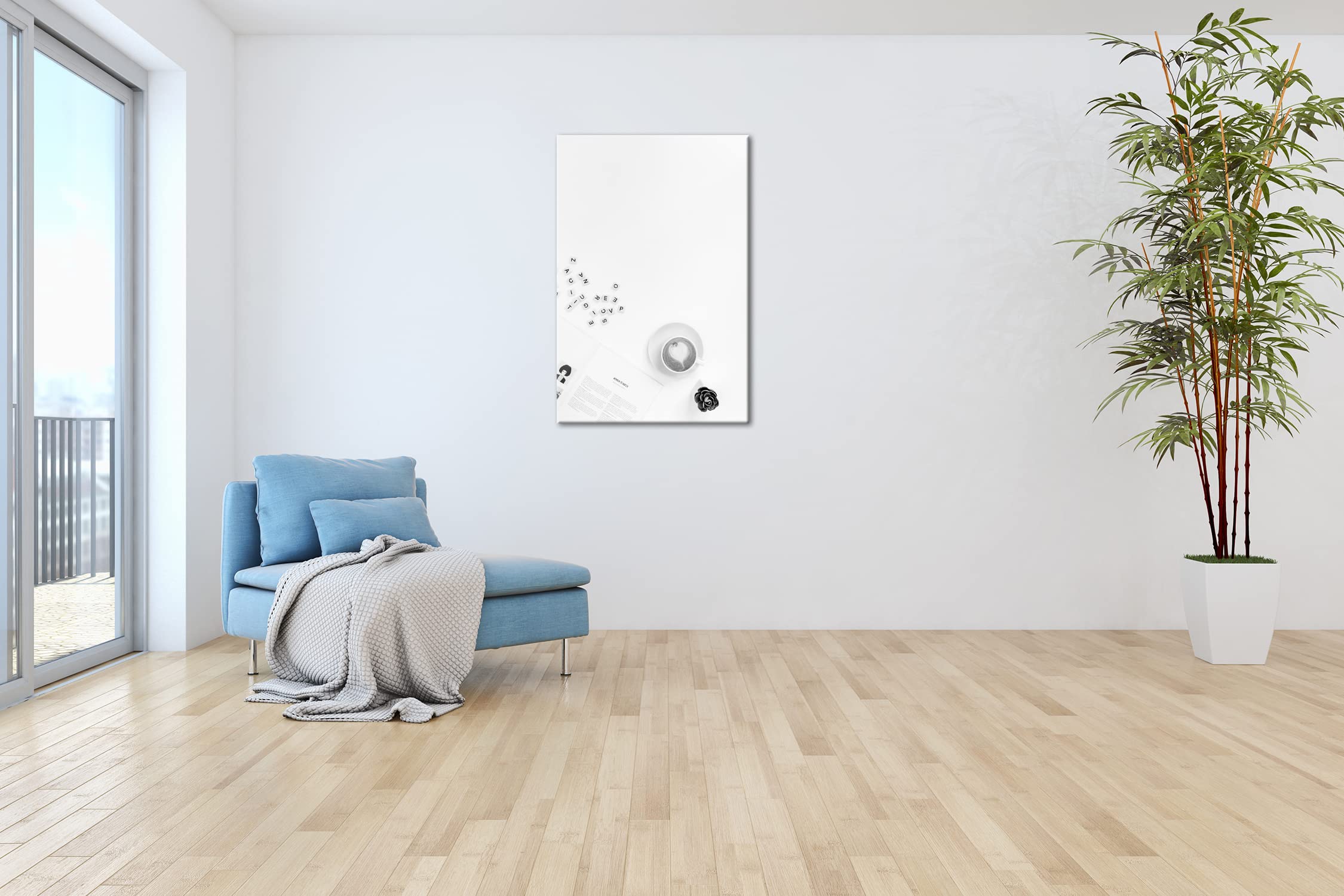 Café de la mañana en el trabajo. Formato: 75 x 50 cm. Efecto: negro/blanco como lienzo, diseño enmarcado en marco de madera auténtica, impresión digital de alta calidad con marco
