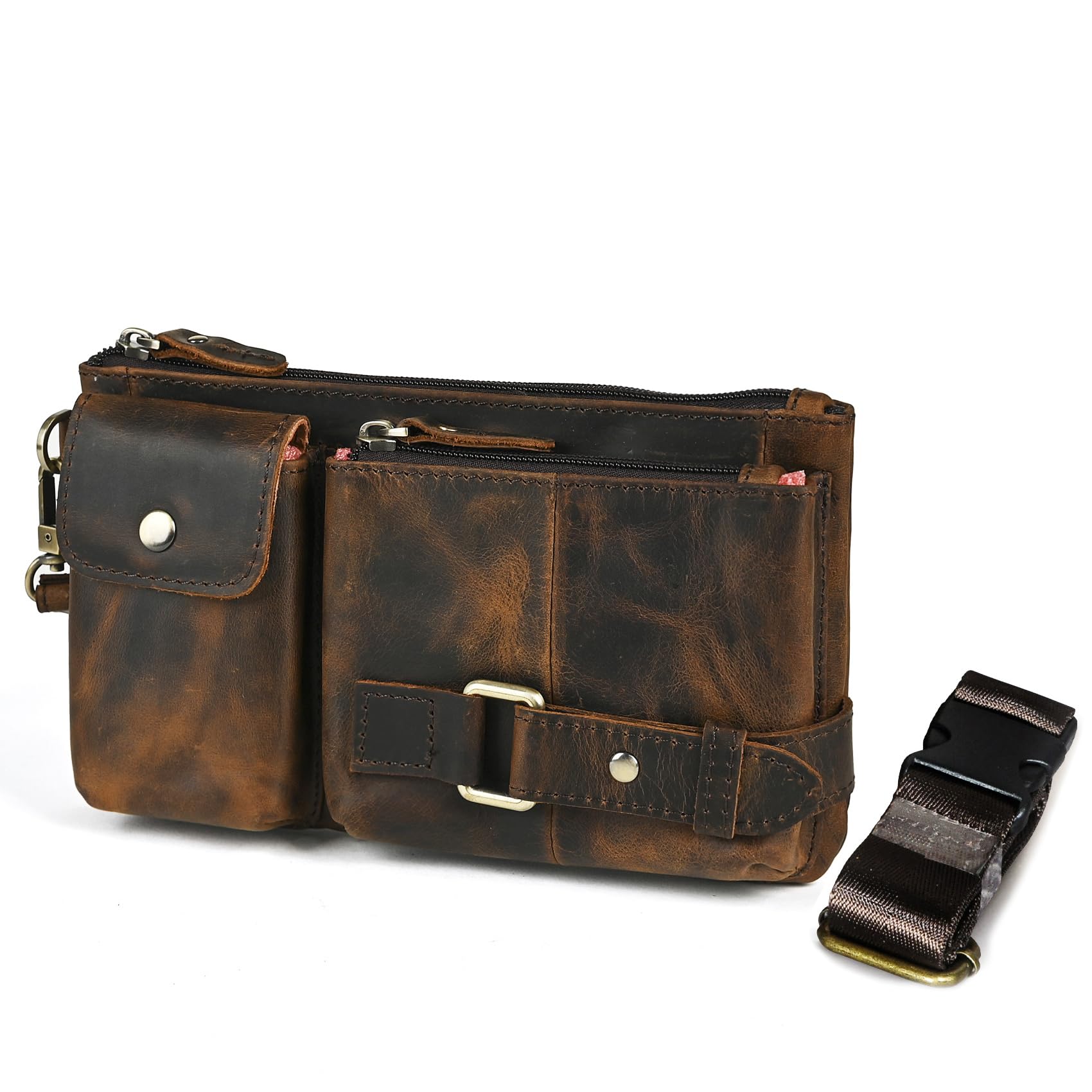 Handadsume Water Resistant Canvas + Leather Hiking Riding Travel Fanny Waist Pack Small Phone Pouch For Men Women FB811-29 (Z-8135-100% Leather)