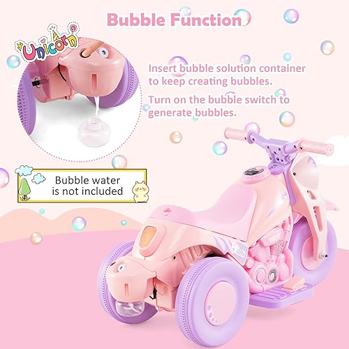 Vista 20 de HONEY JOY Motocicleta de paseo de 6 V con fabricante de burbujas, luz LED, música, pedal de pie, adelante/atrás, motocicleta eléctrica de 3 ruedas