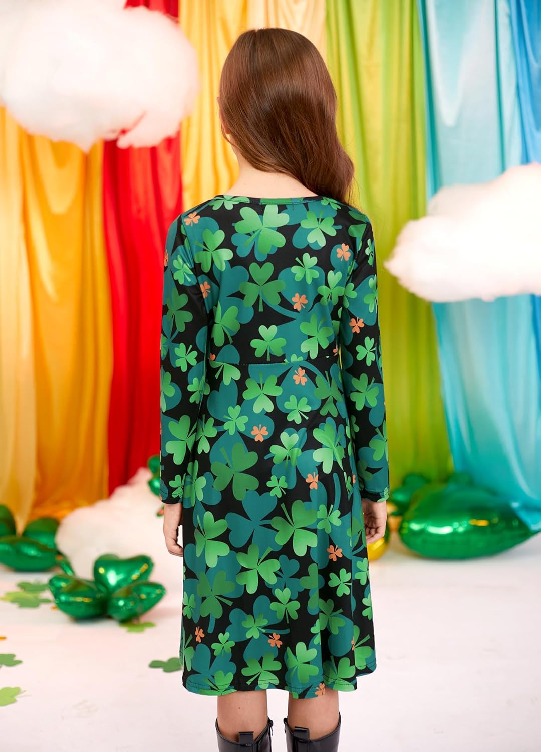 Girl's St Patrick's Day Clover Print Irish Shamrock Long Sleeve A-line Midi Dress 4-14 Years - Image 6
