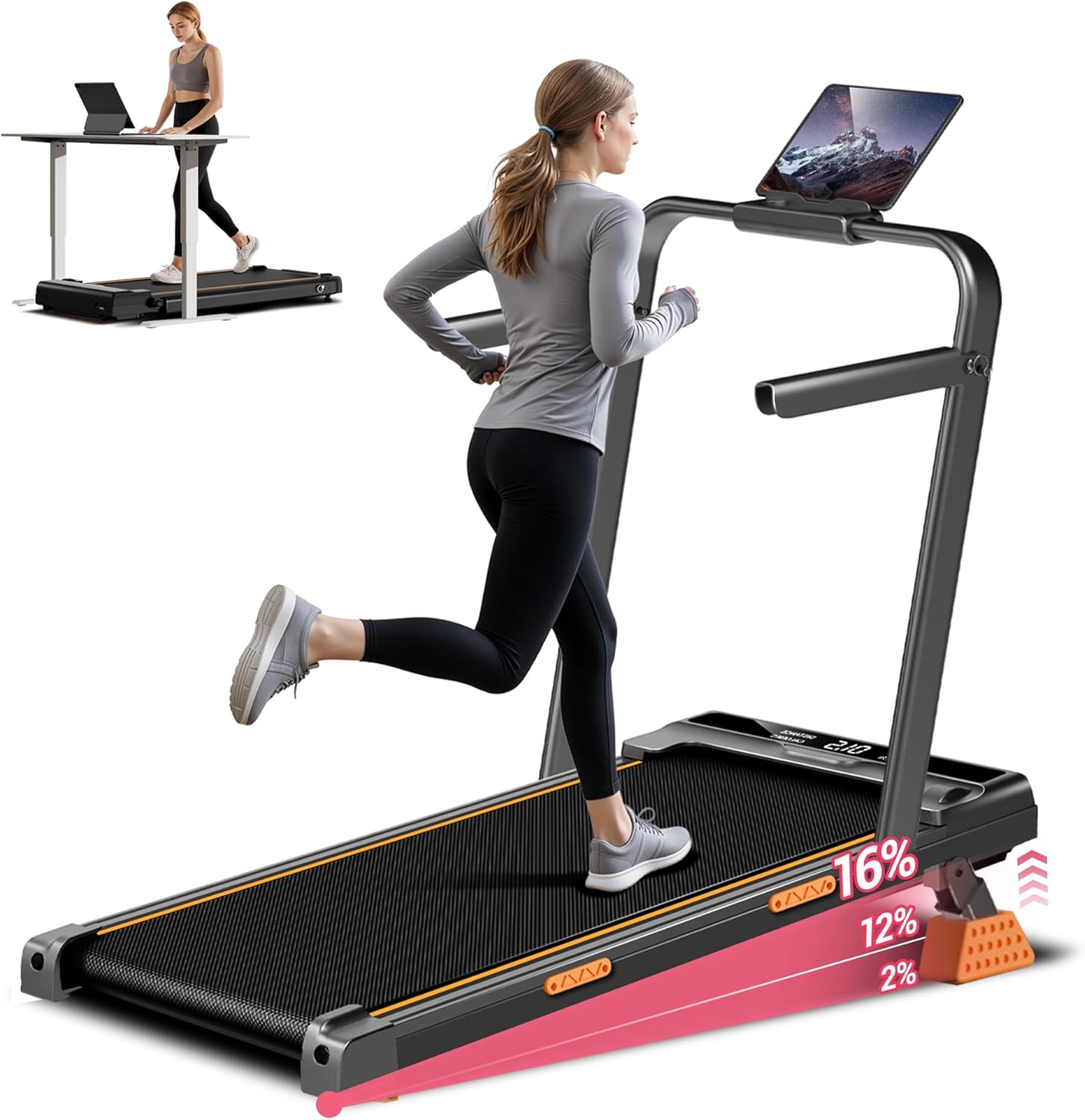 16% Incline Walking Pad Treadmills for Home Small, 4-in-1 Under Desk Treadmill with Handles, Foldable Treadmill with 2.5 HP Quiet Brushless, 330 LBS Capacity