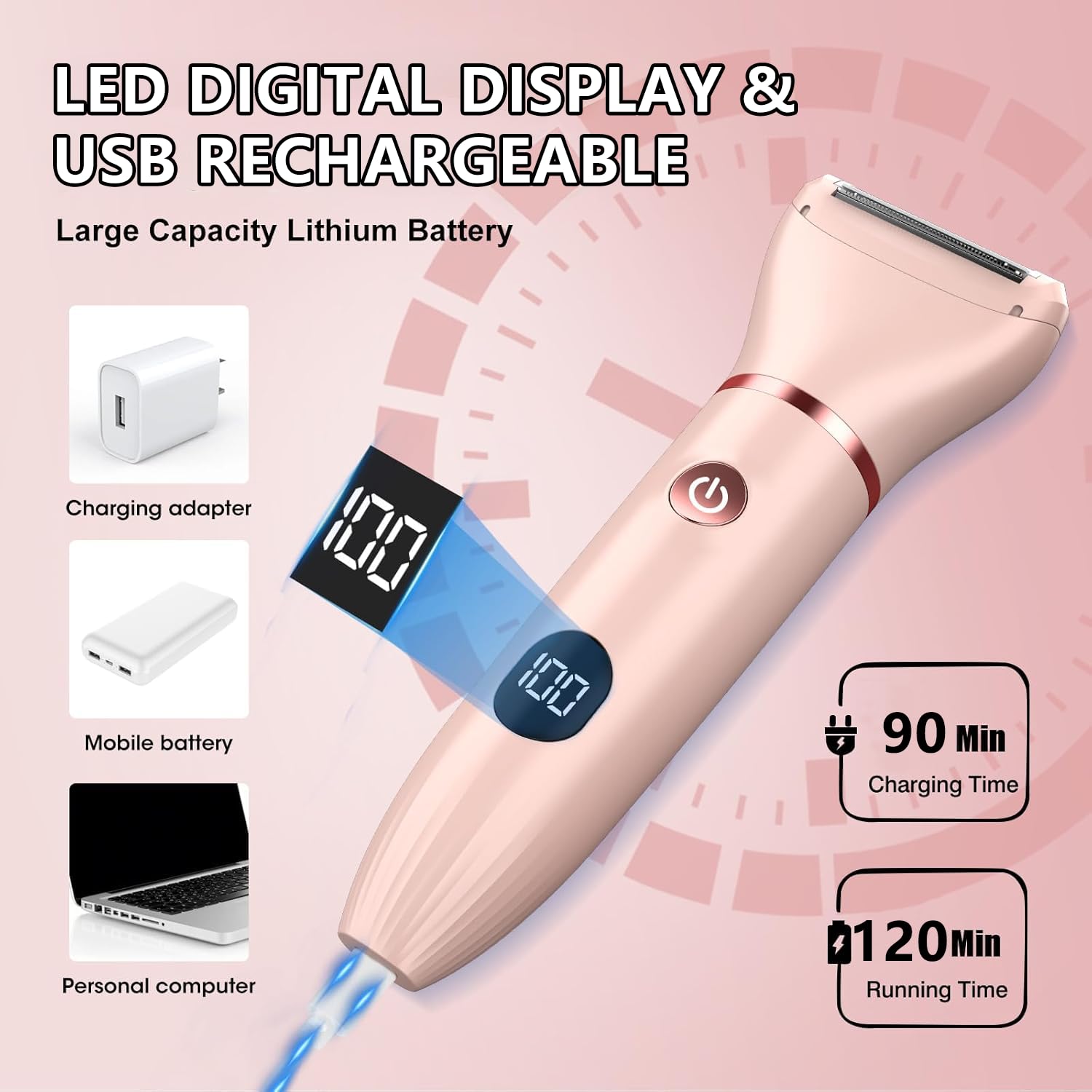 Rasoio Elettrico Donna, 3 in 1 Rasoio Donna Elettrico Senza Fili per corpo, gambe, peli pubici e viso, IPX6 impermeabile e USB ricaricabile