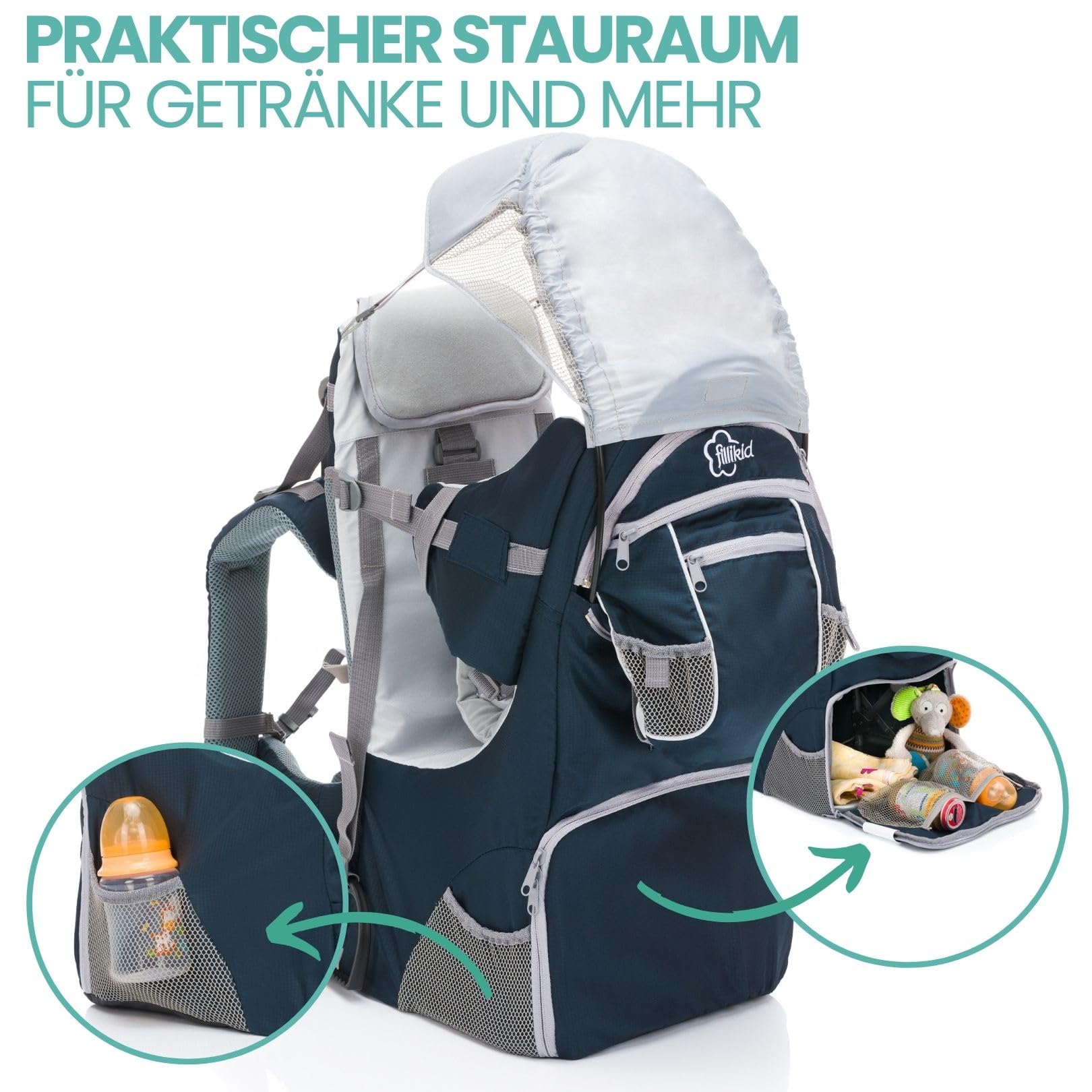 Fillikid Rückentrage - Rücken Babytrage mit Sonnenschutz, Gurt, Kinder Rucksack und Staufächern - Kraxe zum Wandern mit Baby und Kleinkind, bis 18 kg - Blau Grau