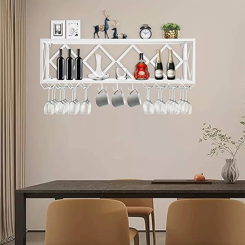 Miniatura 3 de MARTEXBUY Estante de vino, Estante de copa de vino invertido montado en la pared, Estantes flotantes de la unidad de barra, Soporte multifuncional
