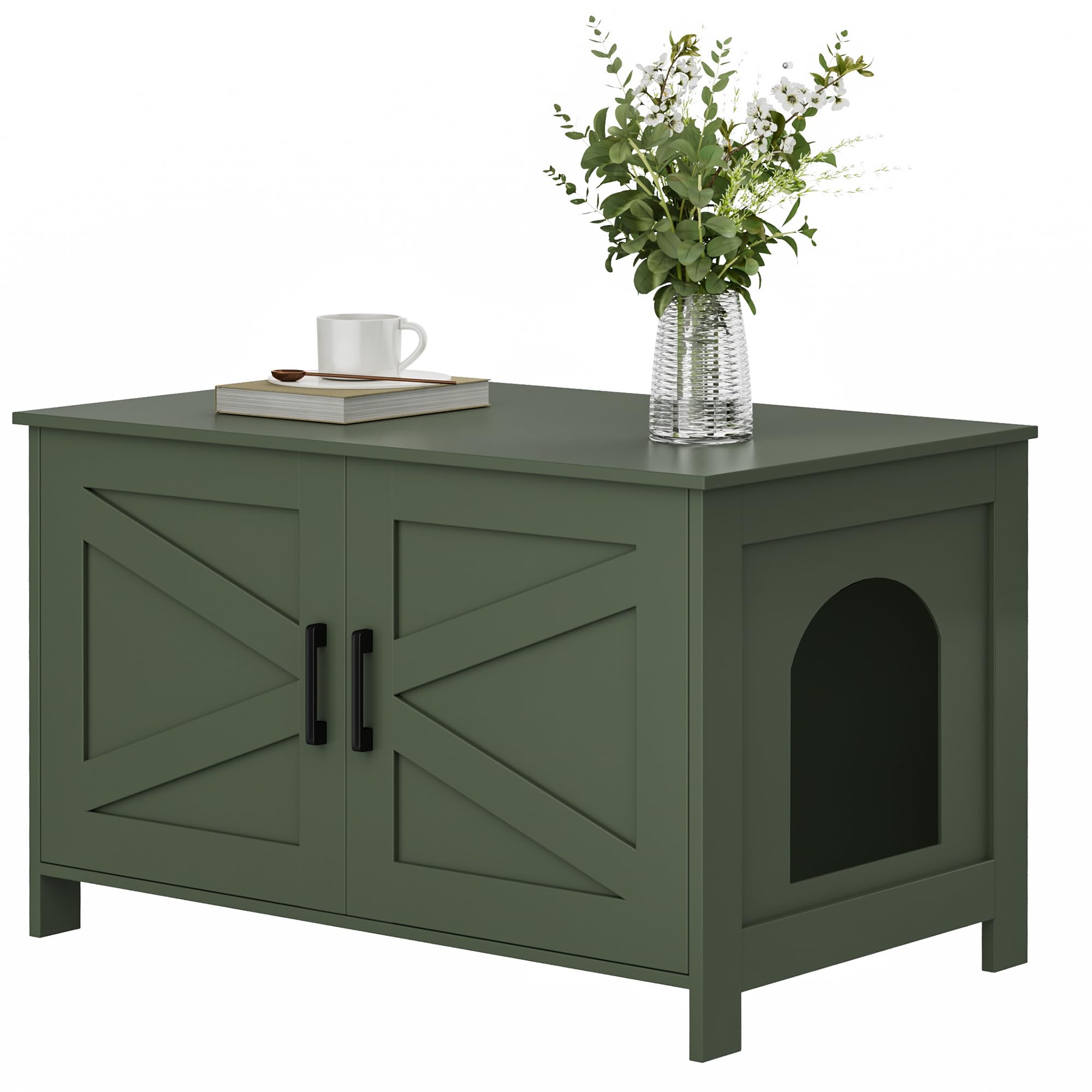 Homhedy Cat Litter Box Enclosure,Litter Box Furniture Hidden with Barn Door,Wooden Cat Washroom Furniture,Fit Most of Litter Box, Green, CL50L