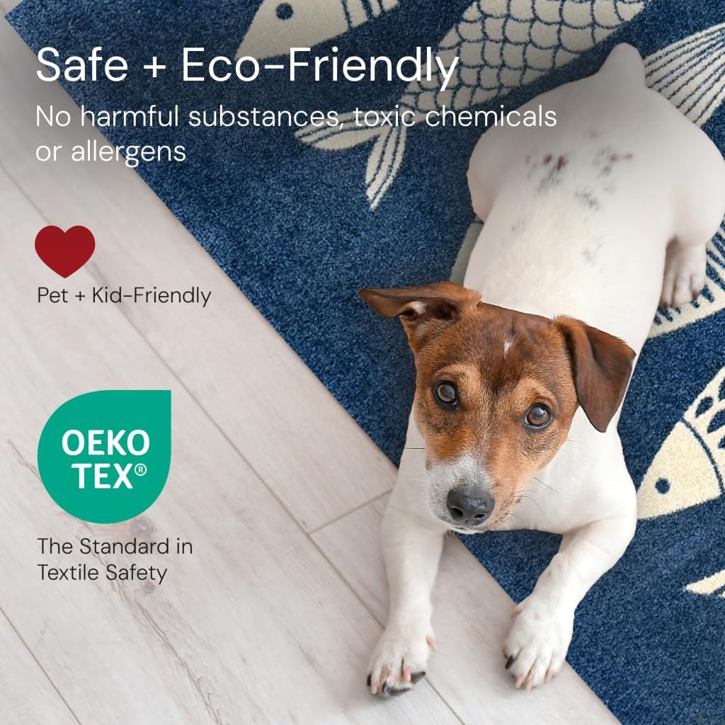 Wash+Dry Fish Tango One-Piece Washable Rug with Rubber Backing, Small Door Mat for Entryway, Kitchen, Bathroom, Non-Slip Indoor Doormat, White and Dark Navy Fish Design, 20" x 27.5"