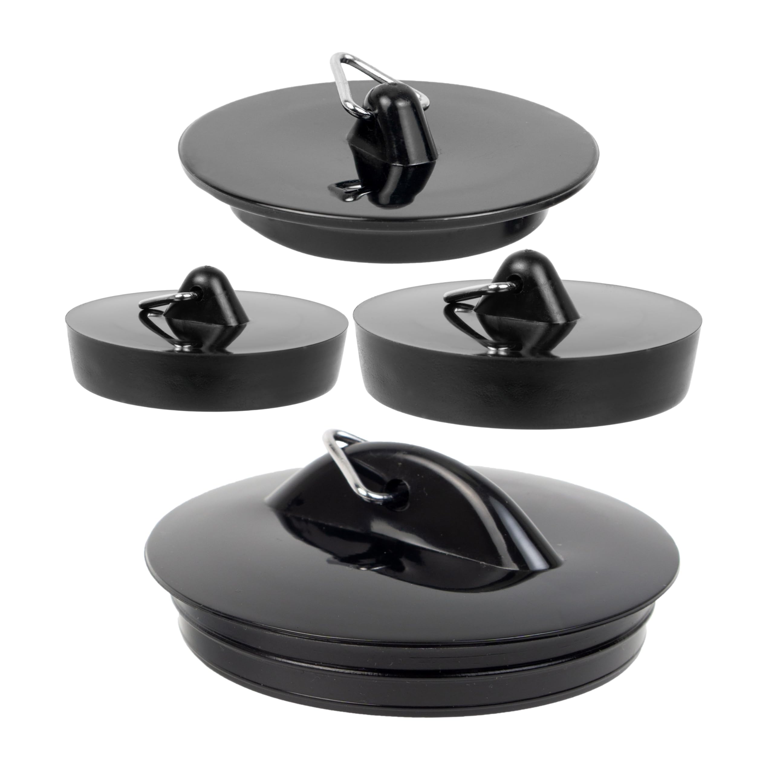 Drain plugs for 1-1/2, 1-3/4, and 2 inch drains, Pack of 4, 41 mm - 45.5 mm - 43 mm - 55 mm, PVC, black, sink plugs for bathroom, kitchen, basins, tubs, plug shower, bathtub plug