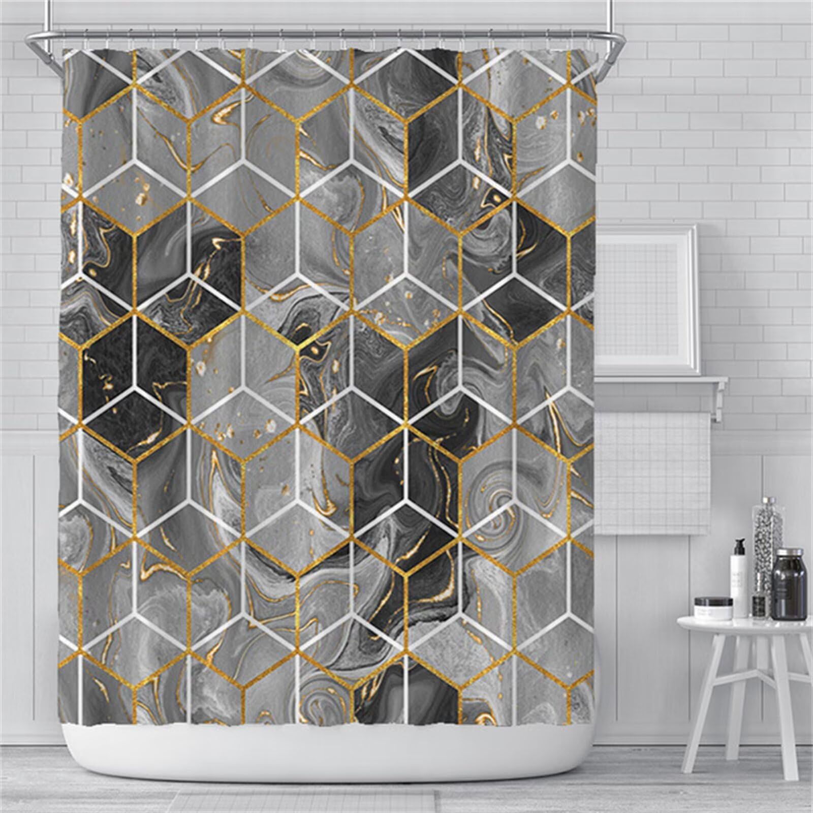 Géométrie grise Rideau Douche W180cm x L240cm Rideaux de Douche Anti Moisissure Tissu Imperméable avec Crochets,Rideaux Lourd Polyester Lavable,3D Shower Curtain Baignoire Salle de Bains Decor M-43