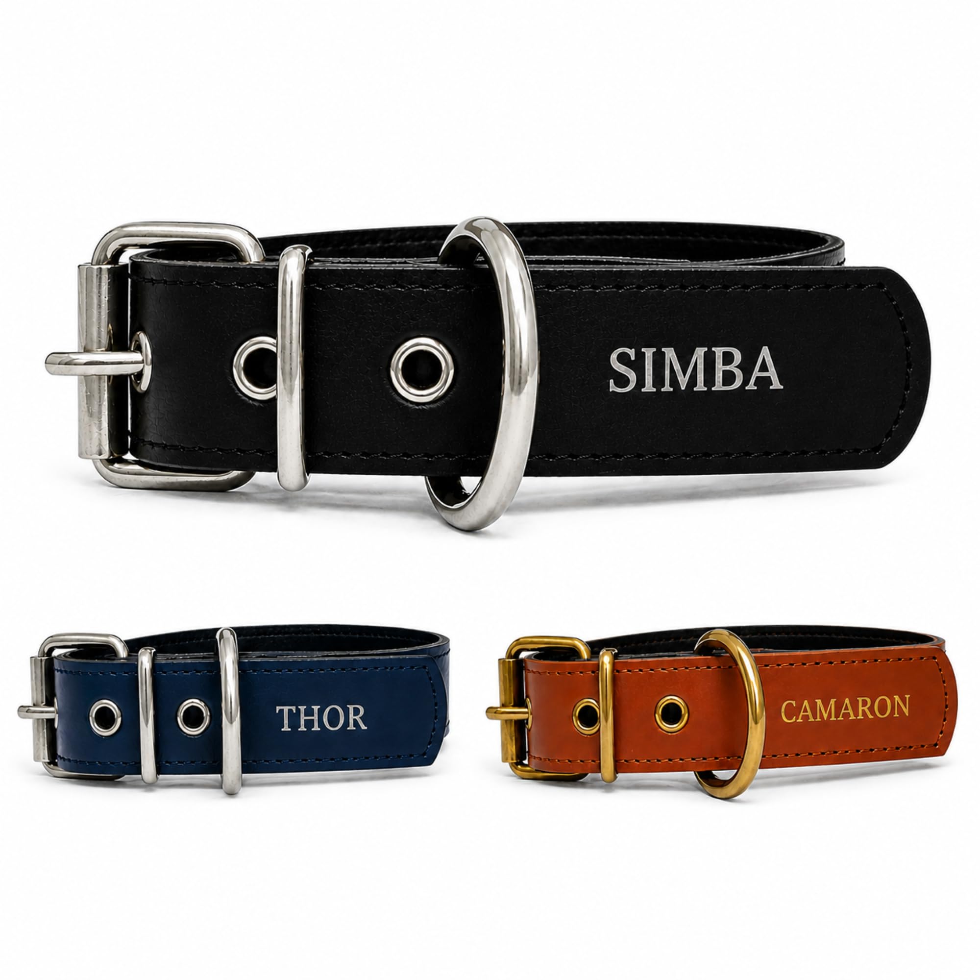 Collar para Perro de Cuero con Acolchado - Personalizable con Nombre Grabado - Hecho a Mano, Resistente y Elegante - Llavero Personalizado de Regalo (Negro, XXL: Rango de Cuello 55–65 cm)