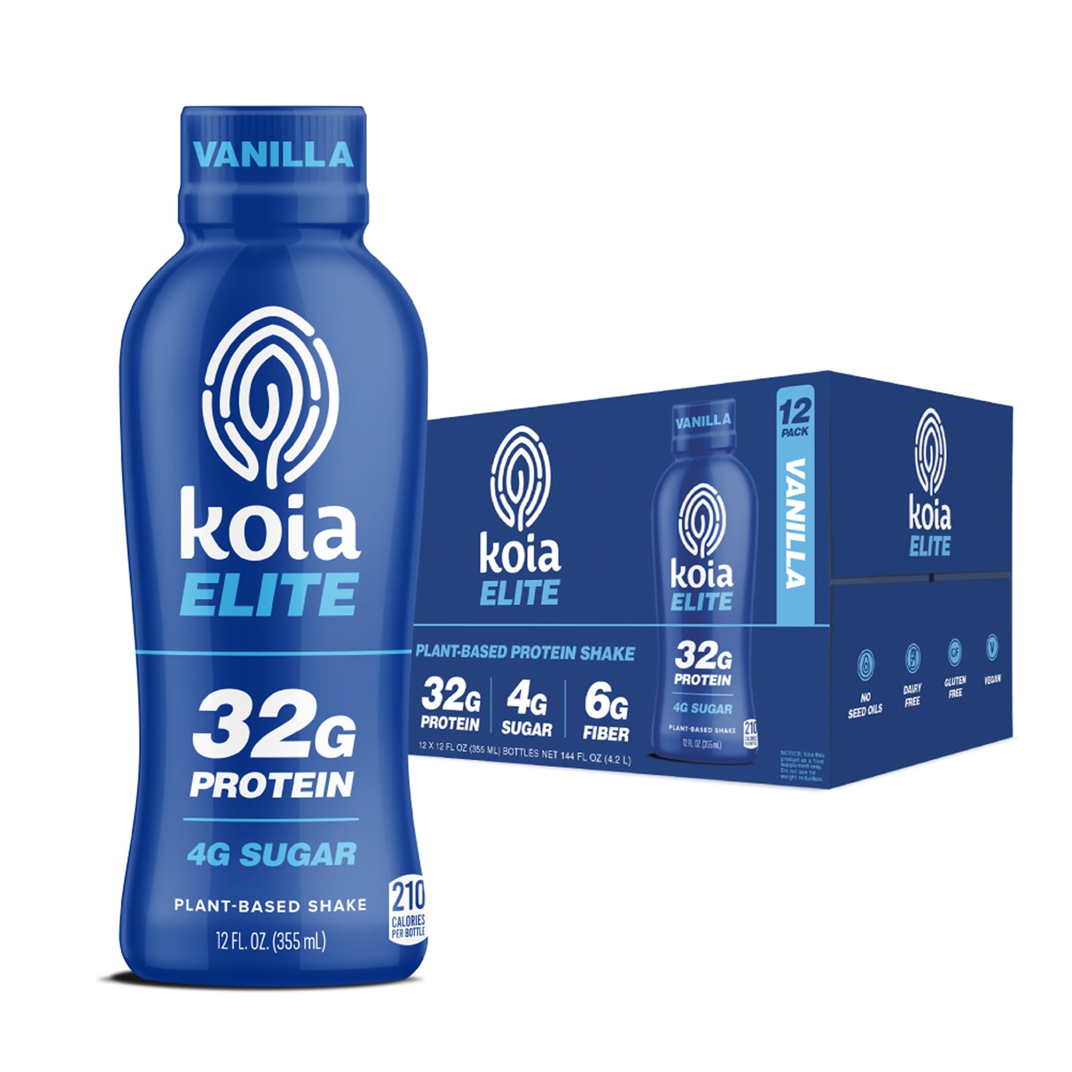 Koia Suplemento proteico pronto para beber à base de plantas com fibra prebiótica, baunilha, 32 g, 12 unidades
