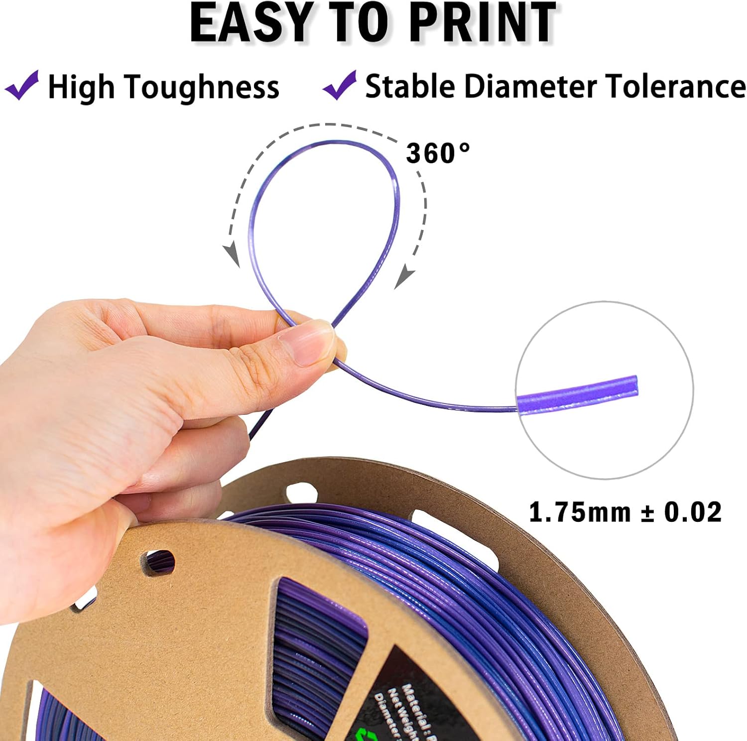 PLA Filament 1.75mm, 3D Printer Filament Silk Black Purple Color Changing, Silk PLA Filament, 3D Printing Filament 1.75 +/-0.02mm, 1kg - Image 5