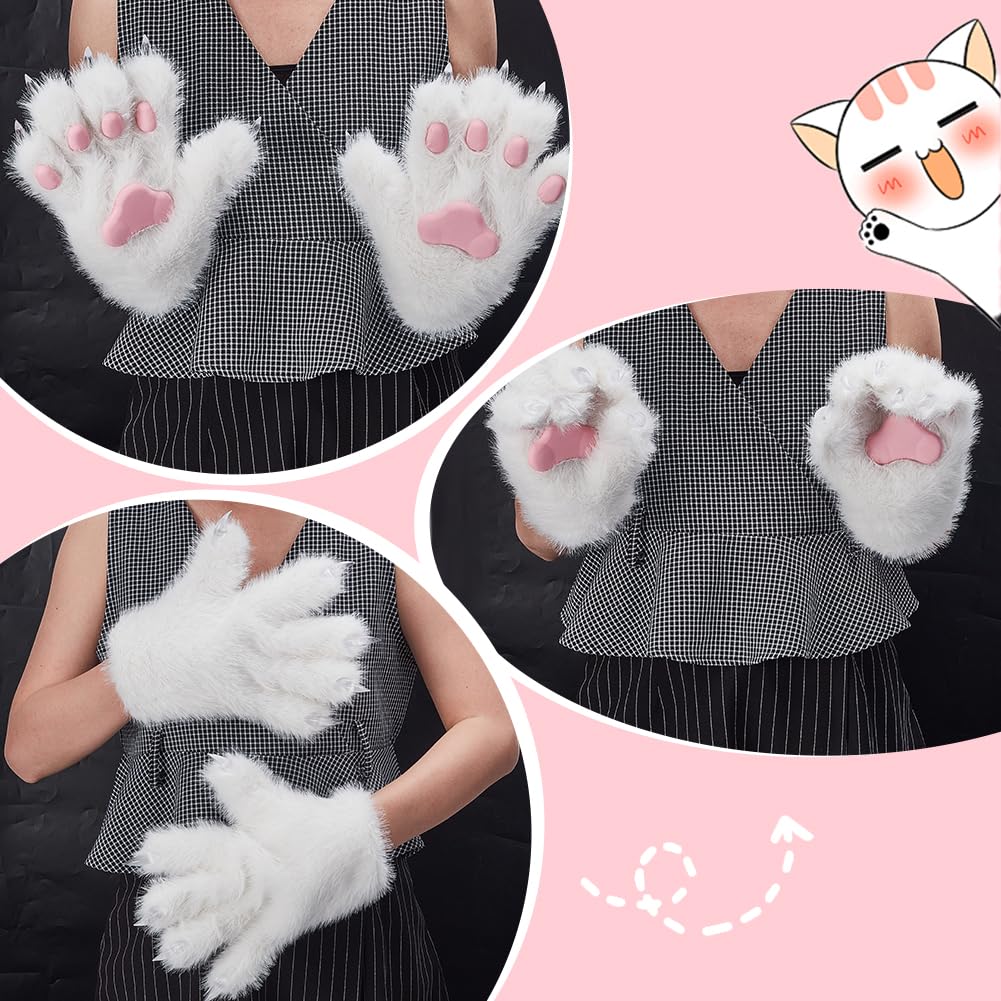 AHANDMAKER 1 Pair Furry Cat Claw Gloves Wolf Paw Gloves Faux Fur Cat Paw Print Mittens Winter Warm for Cosplay Costume Halloween Fancy Party Costume Accessories - Image 3