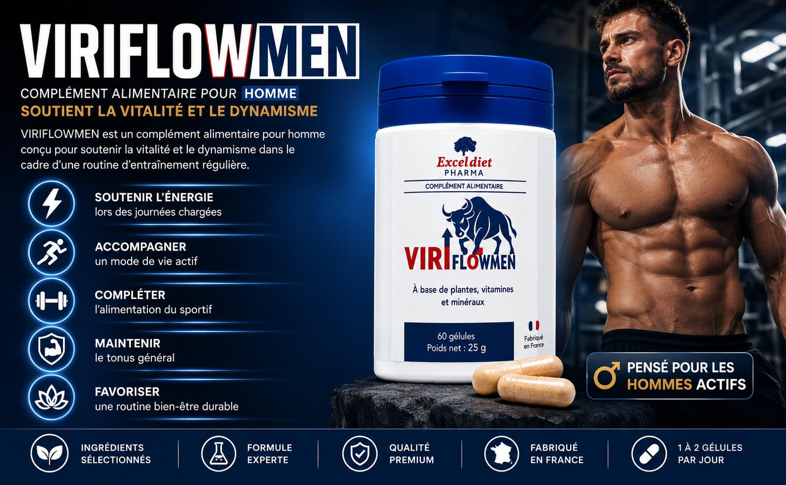 ViriflowMen – Complément Alimentaire Homme | Libido, Énergie Masculine, Vitalité & Endurance | Arginine, Citrulline, Ginseng, Maca, Kola, Gingembre | Vitamine B12 & Minéraux | 60 Gélules