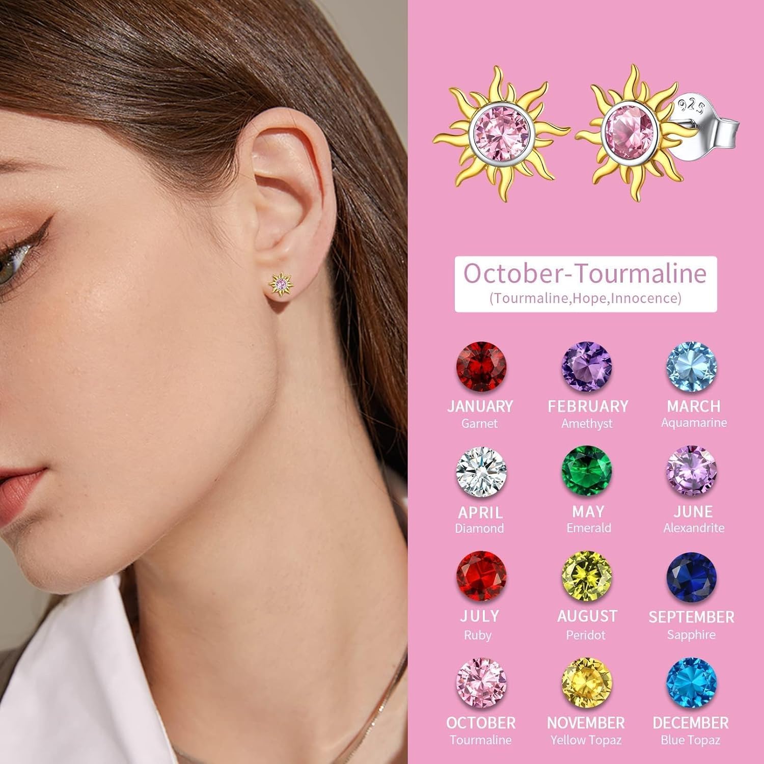 ChicSilver 925 Sterling Silver Earrings Dainty Sun Earrings Small Round Birthstone Earring for Women - Image 3