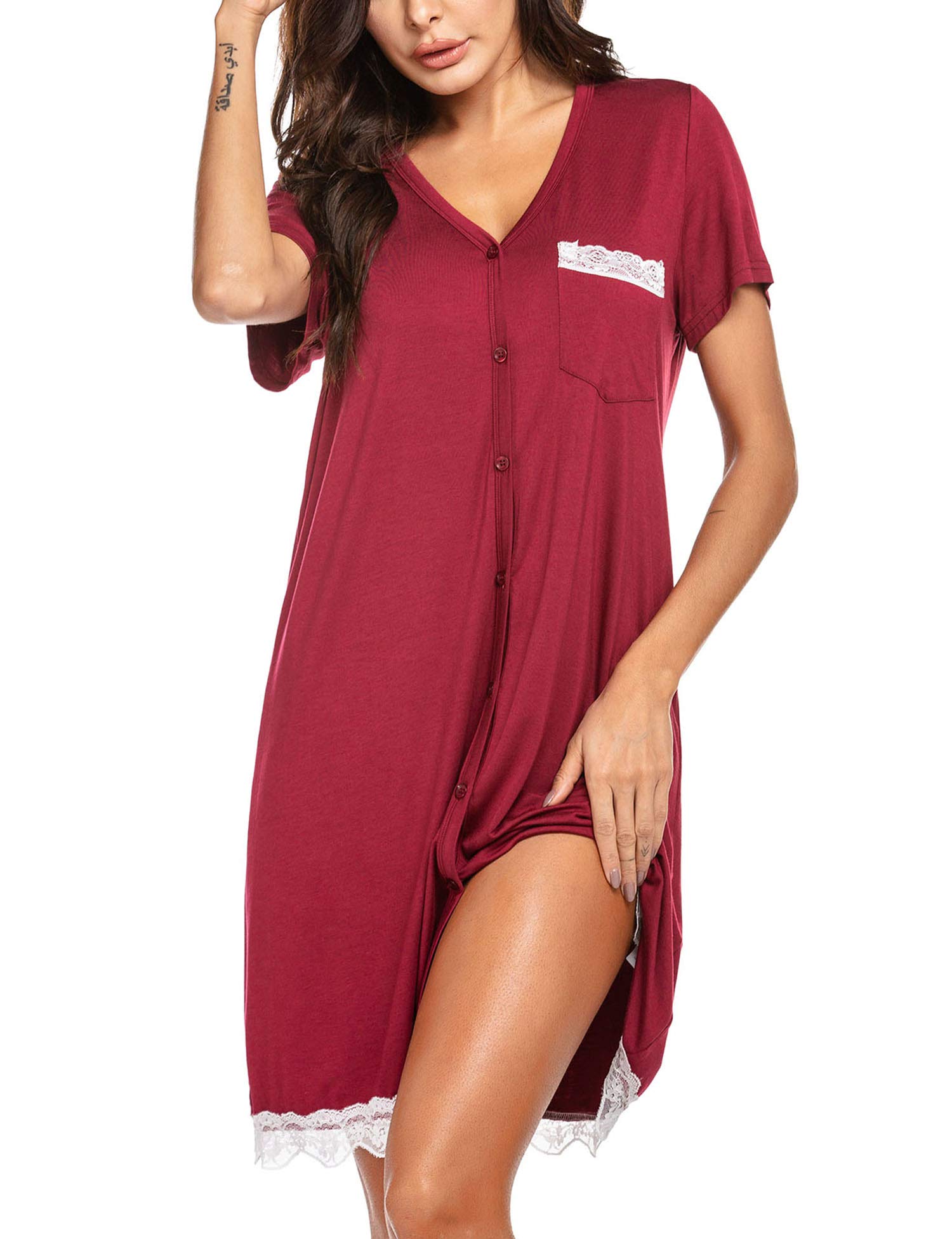 Ekouaer Camicia da Notte Allattamento Donna Maniche Corte Pigiama Sexy Premaman Nightdress Bottoni Pizzo, S-XXL