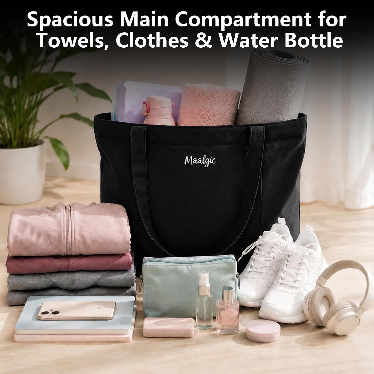Canvas Yoga Tote Bag, Large Capacity Single Shoulder Yoga Gym Bag for Women Men, with Zipper Closure, Yoga Mat Carrier for Pilates Travel Beach Workout(Multiple Colors Available)