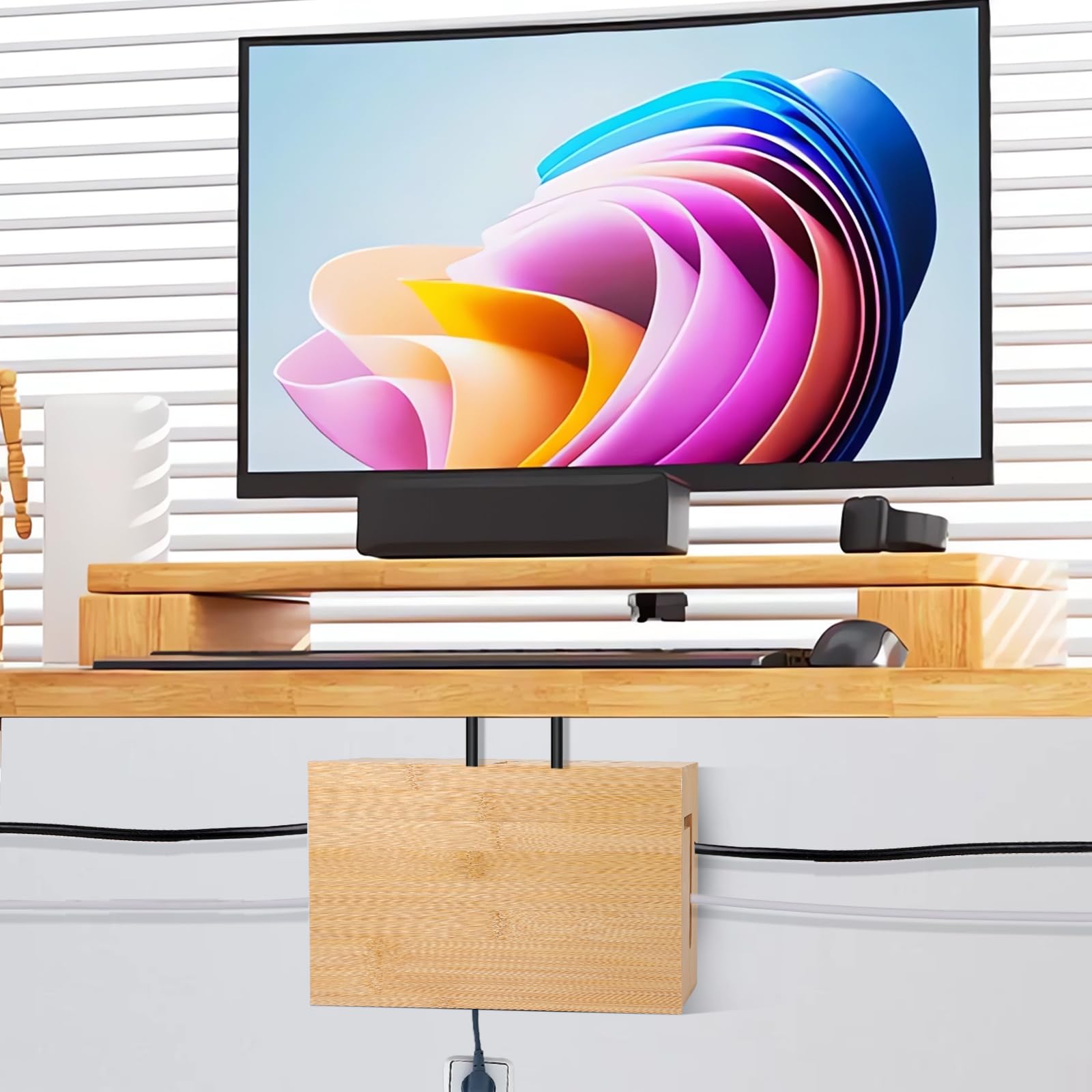 DBREAKS 2X Kabelmanagement Box, Kabelbox Holz, Kabel Organizer Box, Bambus | Wandmontierbare Kabelbox mit magnetischem Bambus-& Kabelbindern & Kabelschlauch, Kabelkasten für Schreibtisch Cable Organizer