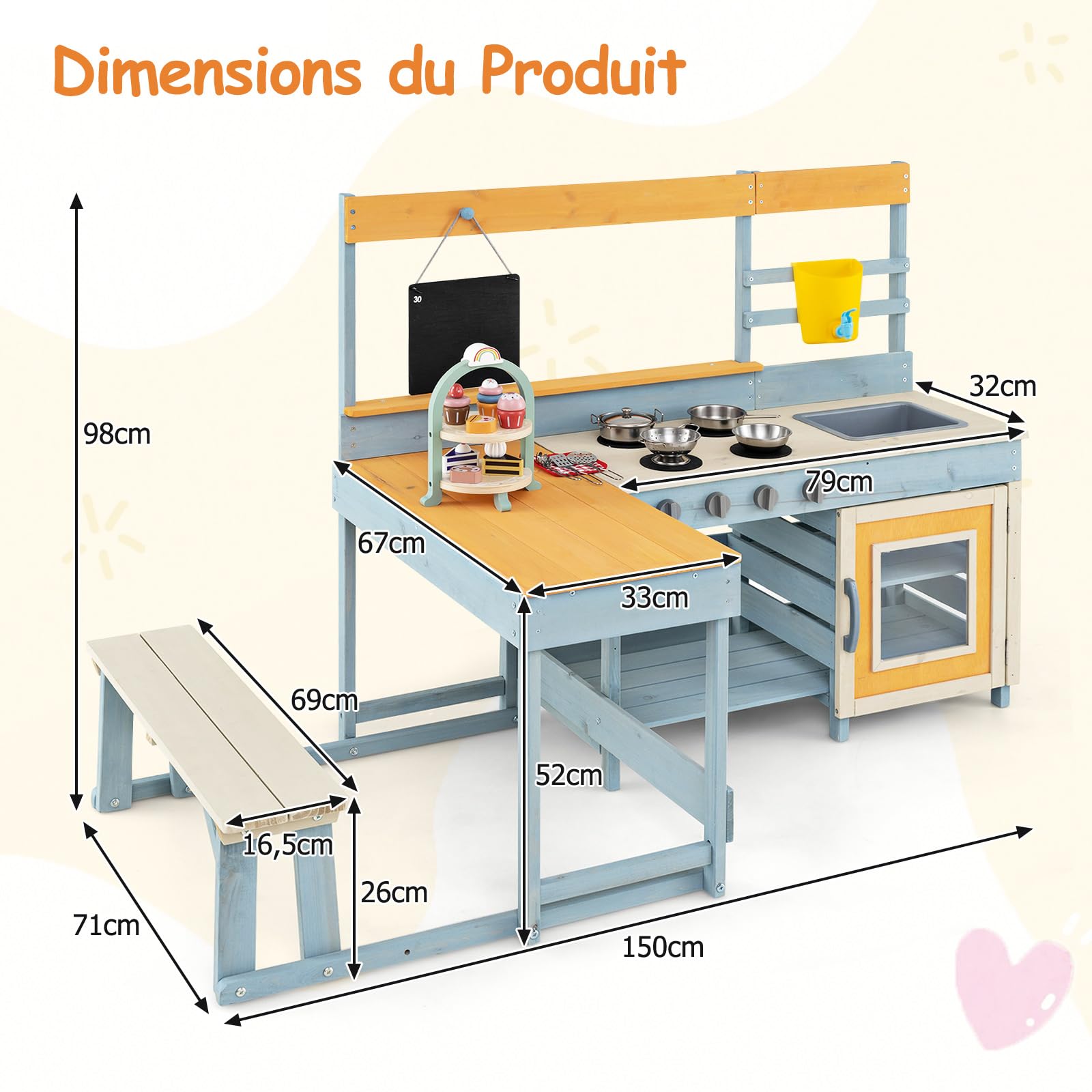 COSTWAY 2 en 1 Cuisine Extérieure Enfant avec Tableau Noir & Table de Pique-Nique, Cuisine de Boue en Bois de Sapin avec 7 Desserts & 8 Ustensiles, Jeu d'Imitation Boueuse pour Jardin Balcon, 3 Ans+