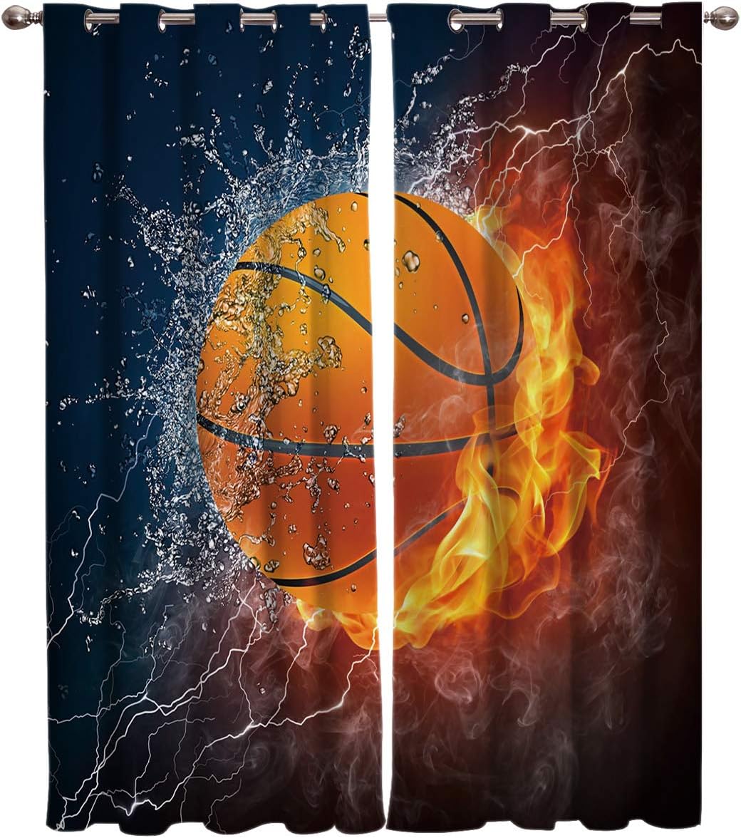 Blackout Curtain Window Drapes Thermal Insulated Curtains 2 Panels, Basketball Sport Fire Water Room Darkening for Living Room Bedroom Window Treatments 52x63inch