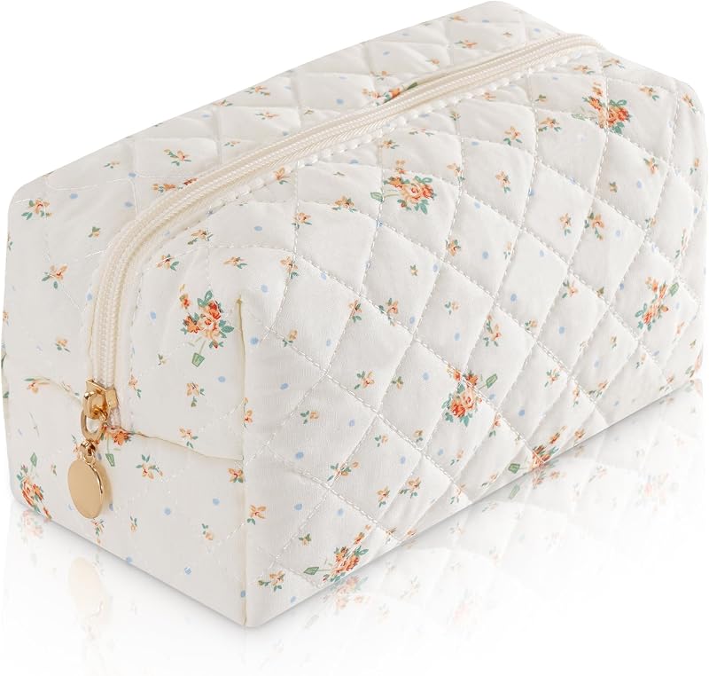 Necessaire de maquiagem UUYUUY em algodão matelassê, estampa floral laranja, fechamento por zíper, modelo BD-JX9001