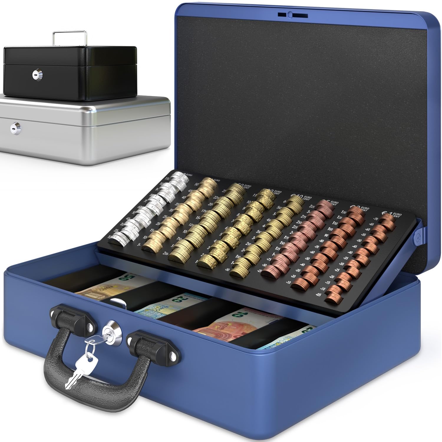 ACROPAQ Caisse monnaie grande professionelle avec monnayeur et 2 clés, Bleu