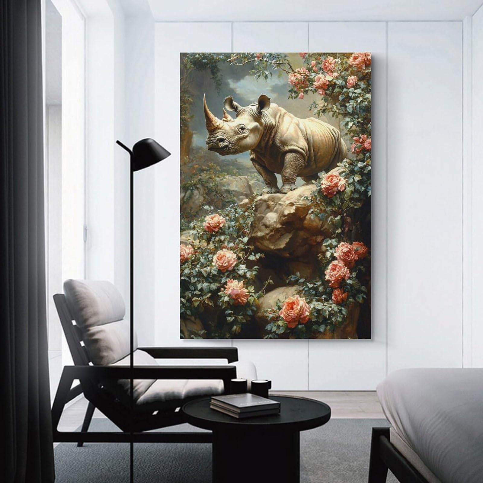 Junmoney Rhinoceros Amidst Blooming Roses Wall Art Print 08x12inch(20x30cm), for Hallway, Entryway Or Landing, Wall Decor to Refresh Empty Corners, for Cosy Room Updates