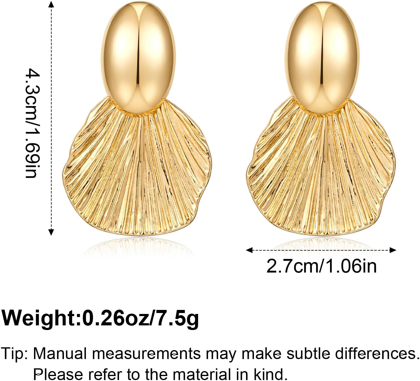 Gold-Plated Clip-On Earrings Non-Pierced Fan Shell Statement Earrings Textured Coastal Jewelry - Image 5