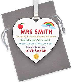 PERSONALISED Special Teacher Thank You Gift - Teacher, Teaching Assistant, Key Worker Thank You Gifts - Teacher Appreciation Gift - Teacher Wooden Heart Plaque - Rainbow Teacher Gifts - With Grey Bag