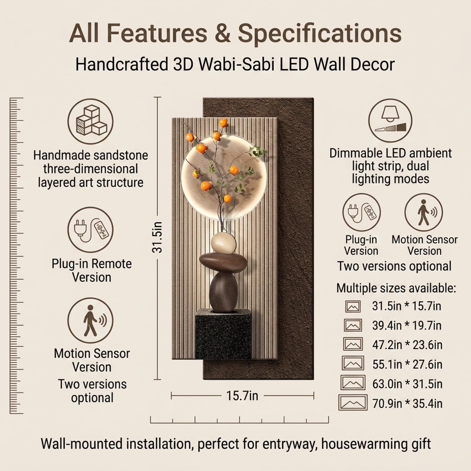 3D-LED-Wandbild Sandstein-Optik, Moderne Wanddekoration mit Beleuchtung