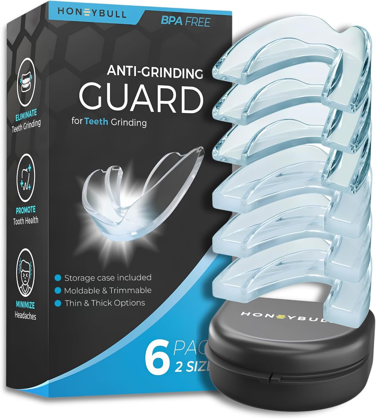 HONEYBULL Mouth Guard for Grinding Teeth [6 Pack - 2 Sizes] for Clenching at Night, Whitening & Sports