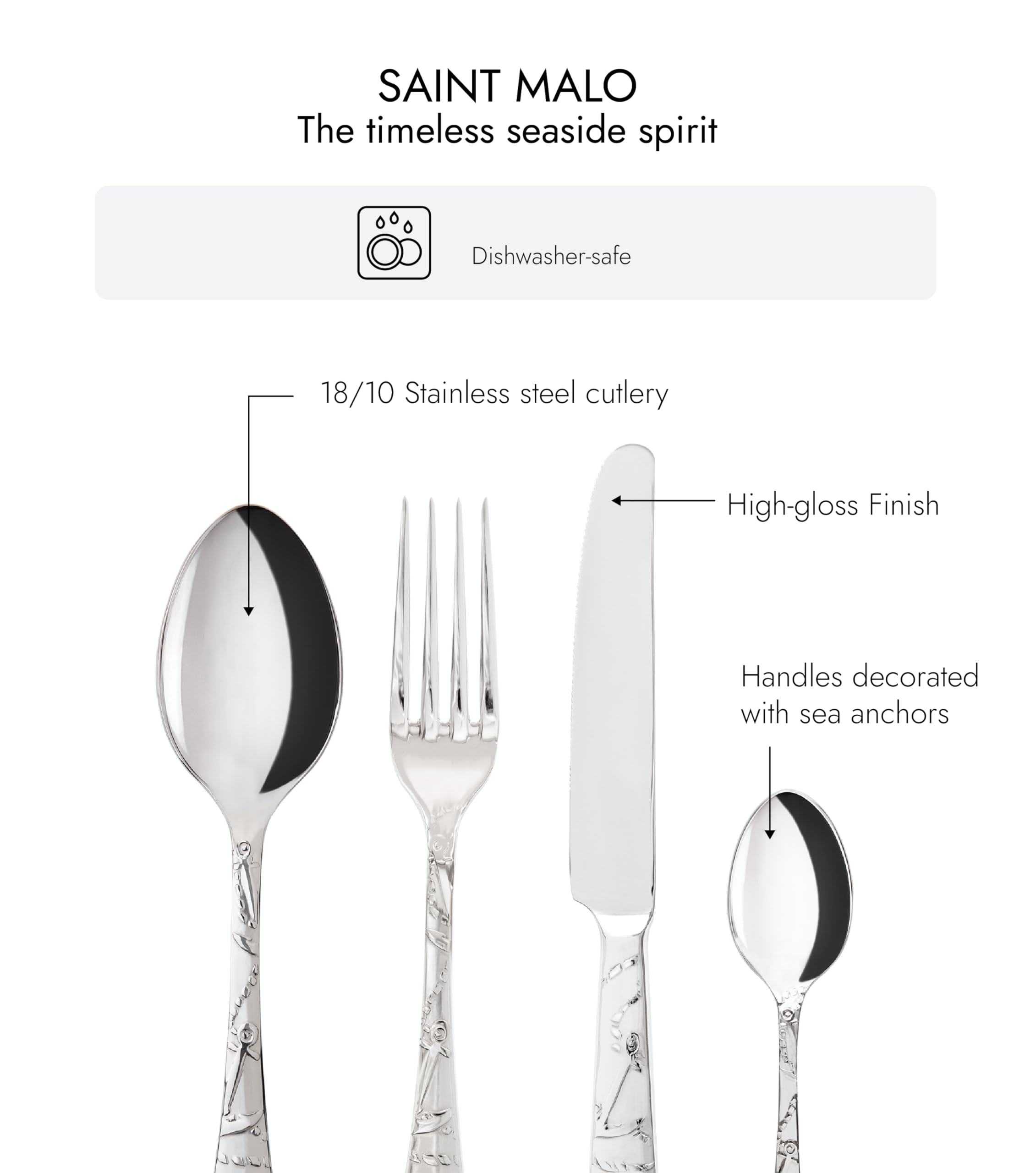 Sabre Paris Set di posate da tavola Saint Malo, in acciaio inox e finitura lucida. Include coltello, forchetta, cucchiaio e cucchiaino in acciaio inox.