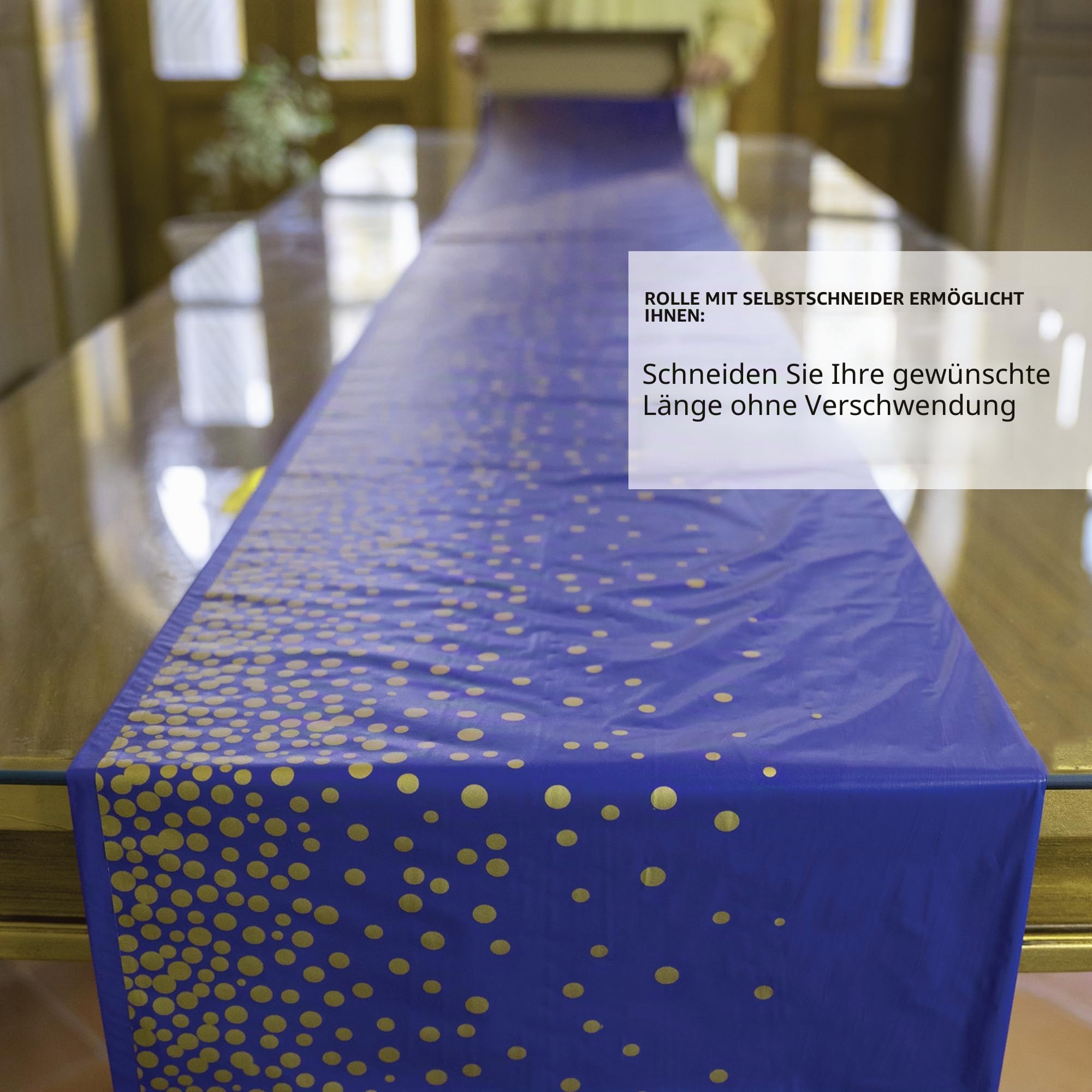Neatiffy Einweg-Tischdecke aus Kunststoff, für Party/Bankett, Tischdecken für rechteckige/runde/quadratische Tische, entspricht 12 Picknick-Packungen (Blau-Gold-Punkte)