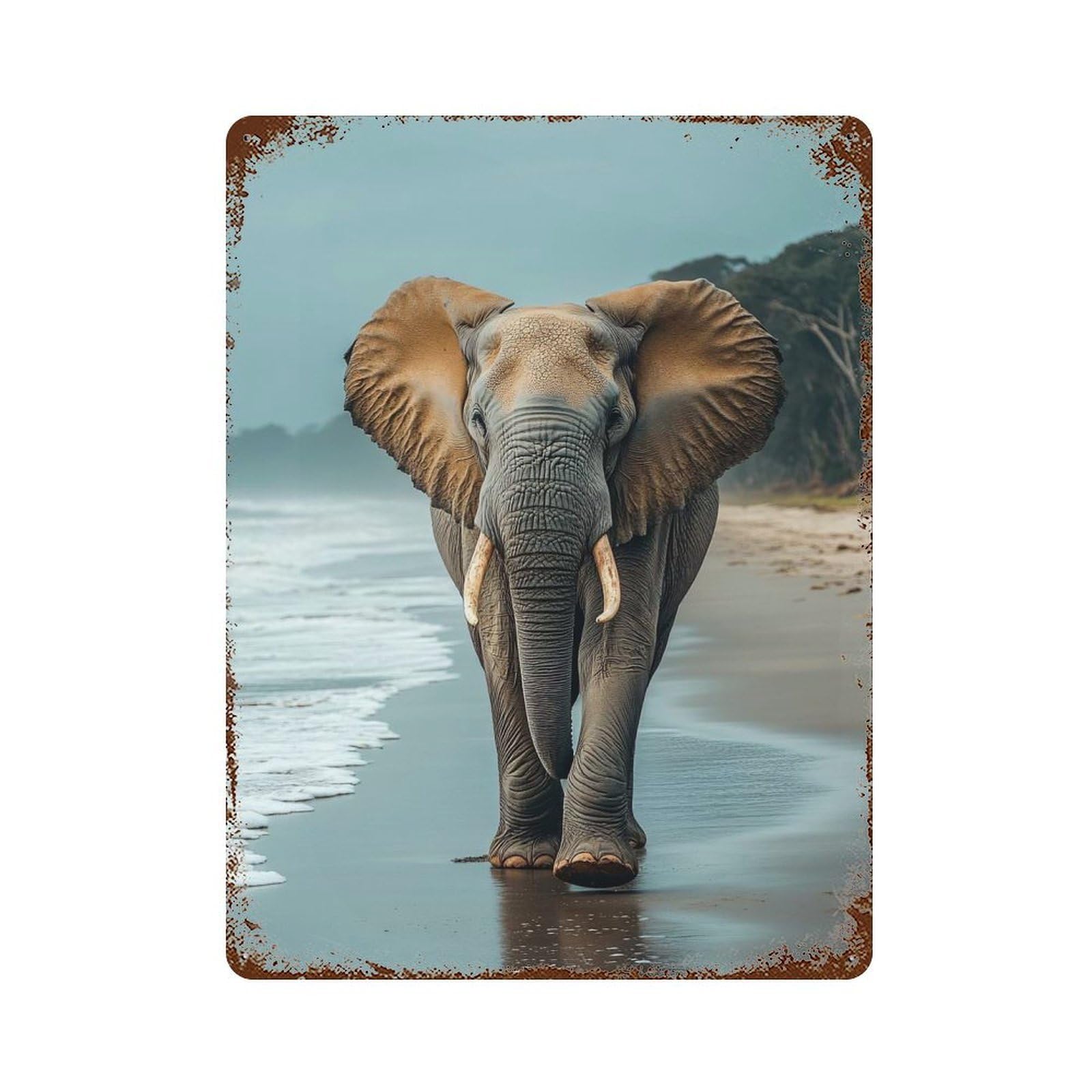 Elephant Walking on A Beach Aged Metal Wall Plaque 15.7"x11.8", for Office, Studio And Wall Decor, Novelty Wall Decor