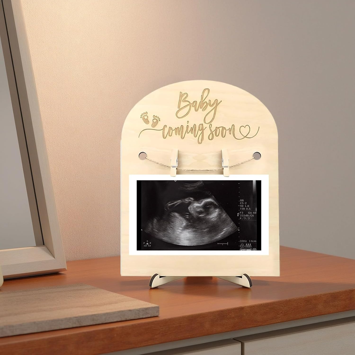 Nursery Decor, Photo Clip Card Holder Wood, 5 Pcs Little Ones Announcement Sign, Ultrasound Picture Frames